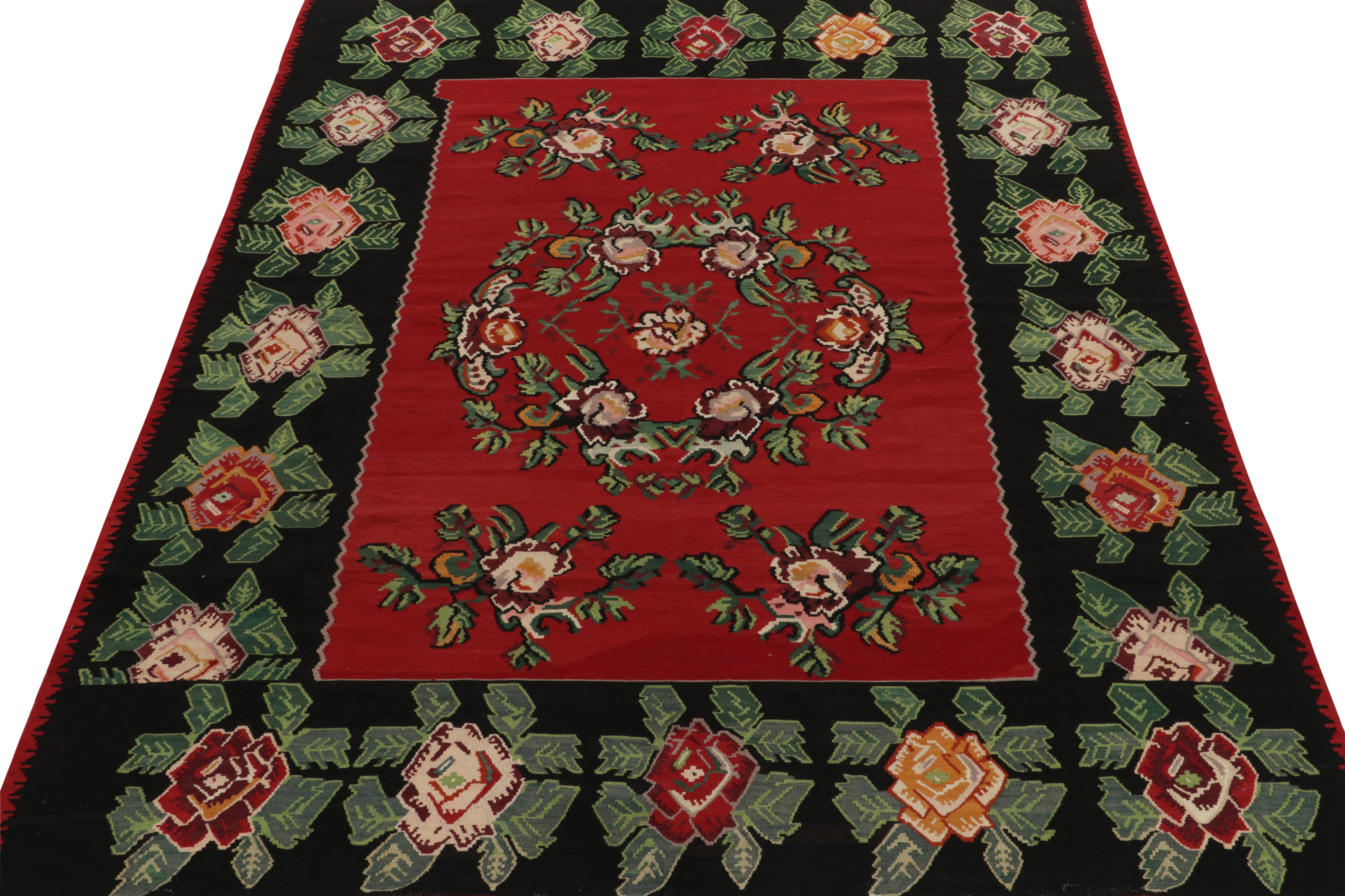Hand-Woven Midcentury Vintage Kilim Black Red Floral Turkish Flat-Weave Rug by Rug & Kilim For Sale