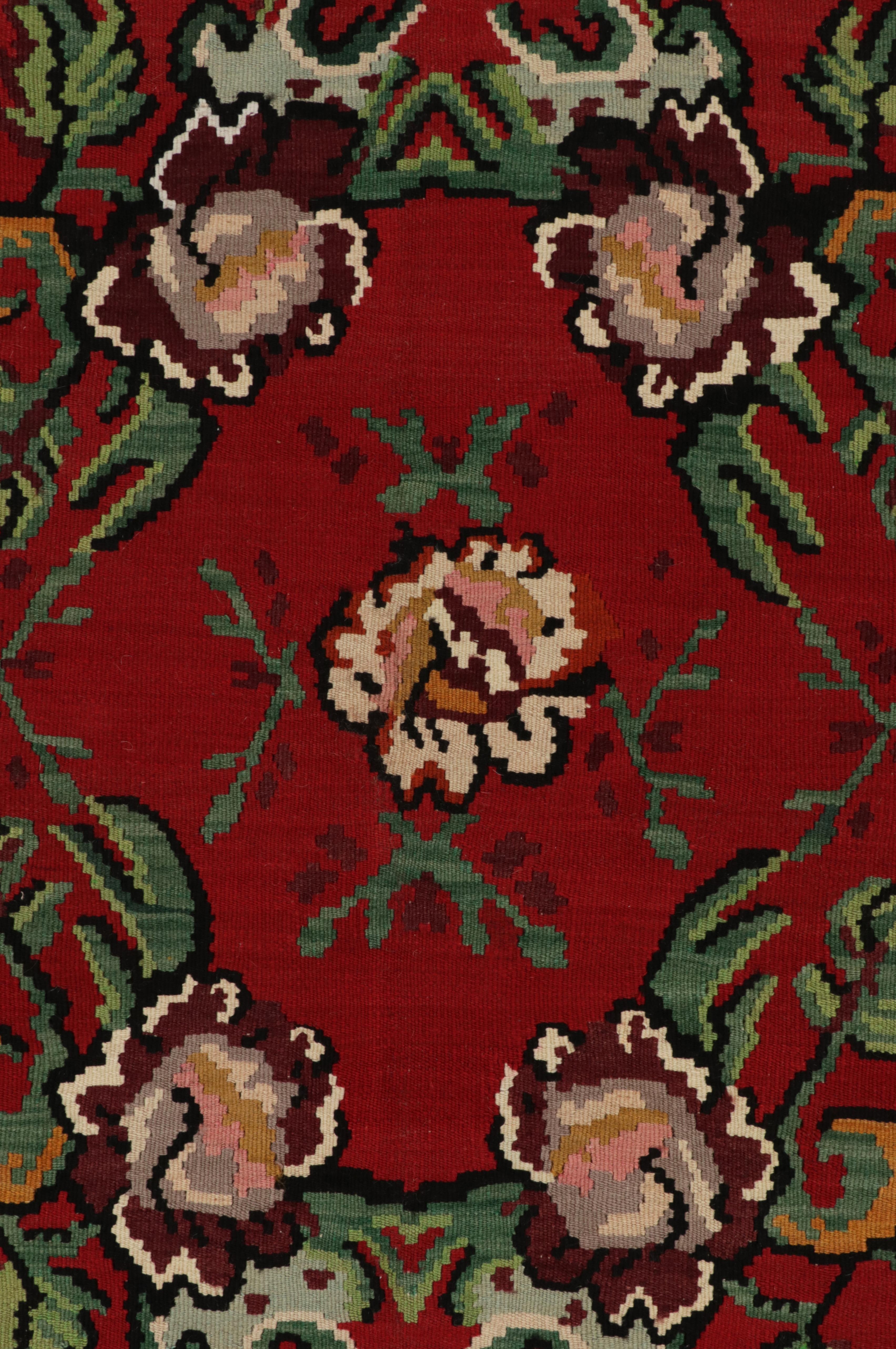 Wool Midcentury Vintage Kilim Black Red Floral Turkish Flat-Weave Rug by Rug & Kilim For Sale