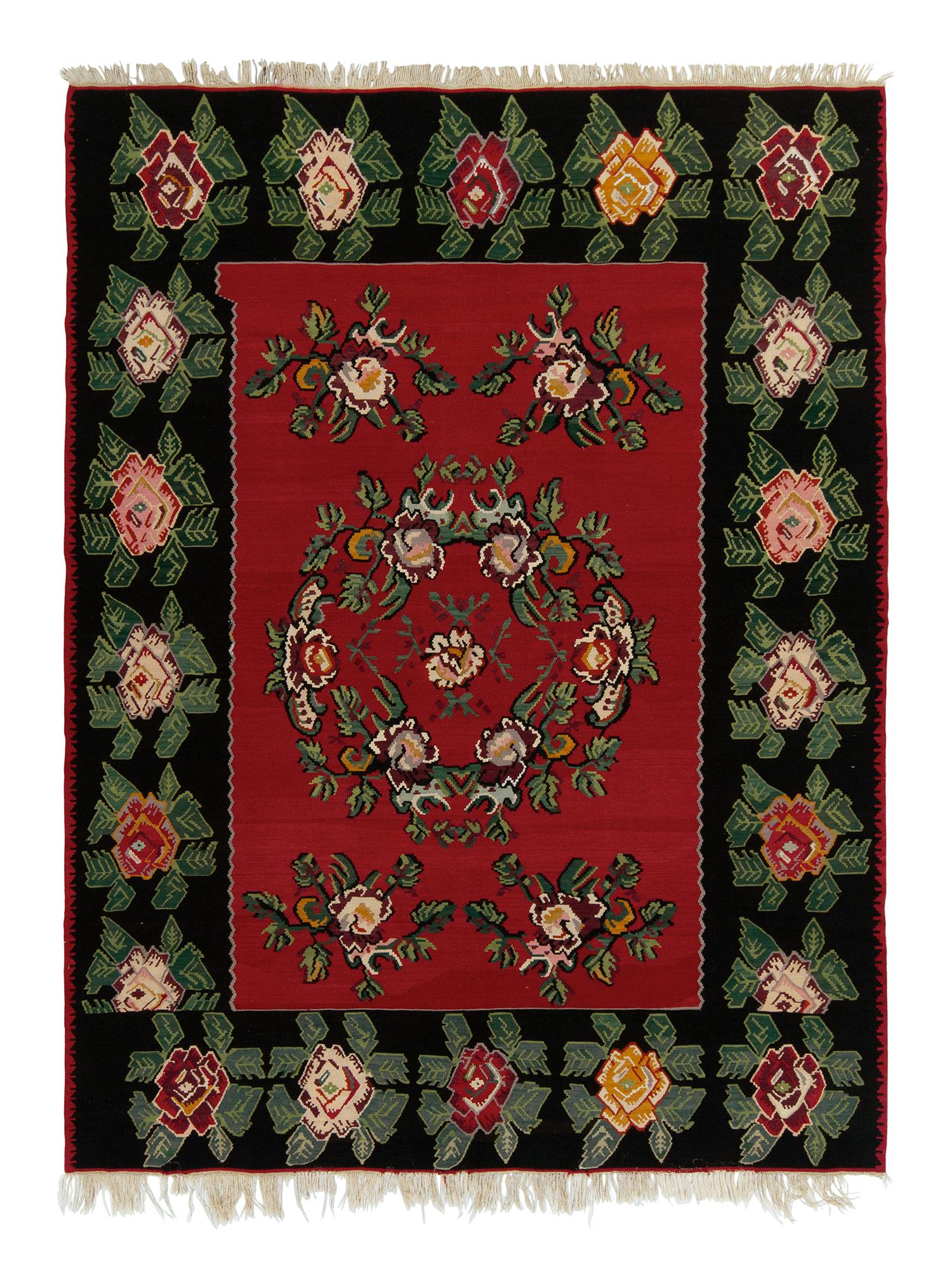 Midcentury Vintage Kilim Black Red Floral Turkish Flat-Weave Rug by Rug & Kilim For Sale