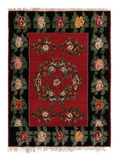 Midcentury Vintage Kilim Black Red Floral Turkish Flat-Weave Rug by Rug & Kilim