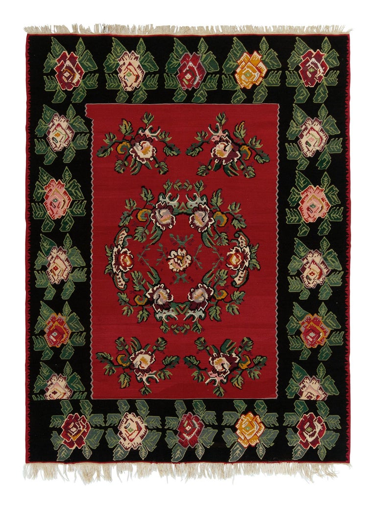 Red Turkish Style Rug Midcentury Vintage Kilim Black Red Floral Turkish Flat-Weave Rug by Rug ...