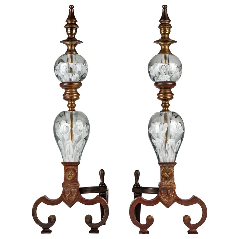 Midcentury Vintage Brass And St Clair Glass Fireplace Andirons