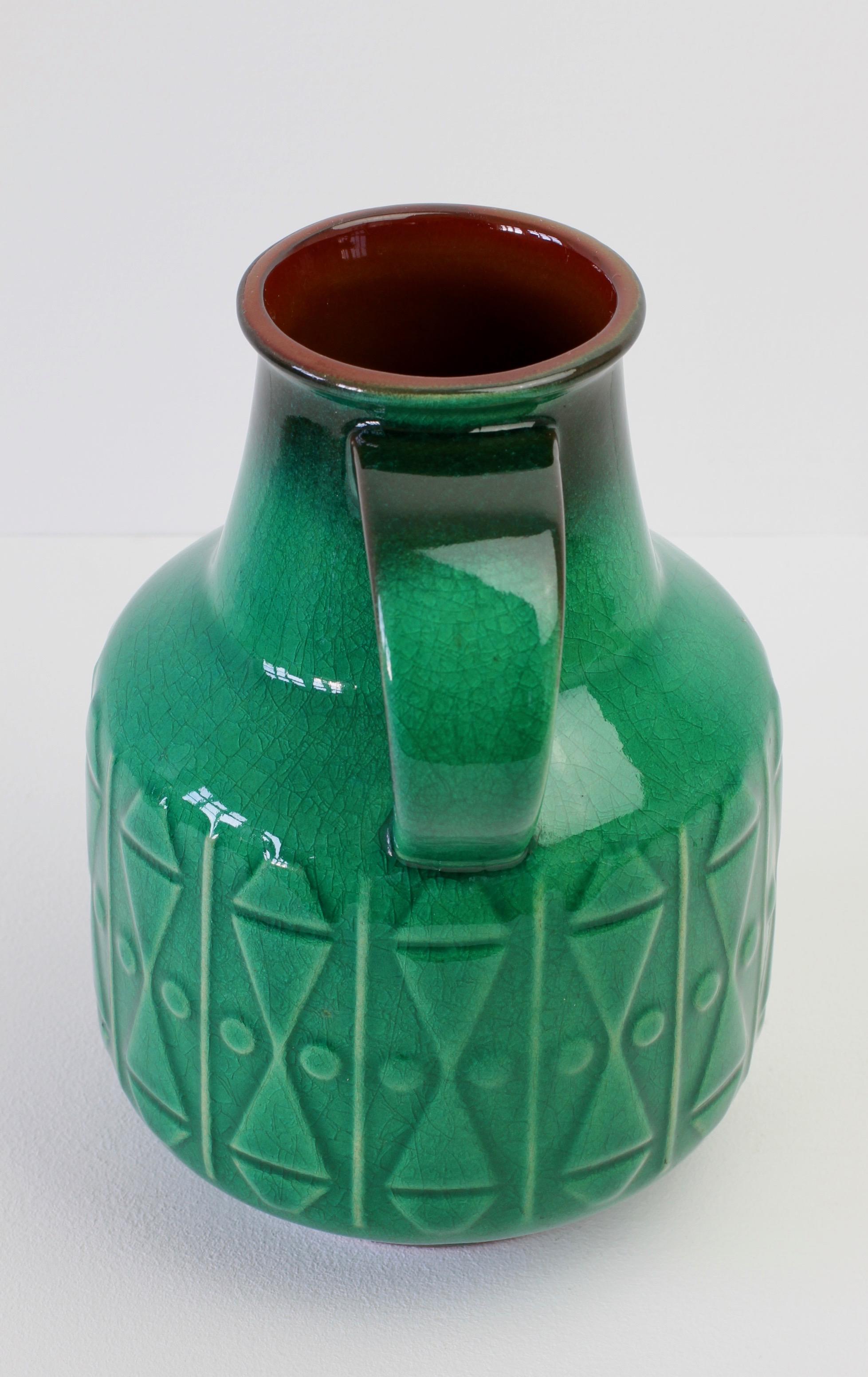 Embossed Midcentury Vintage Bright Green West German Vase by Gräflich Pottery, circa 1970
