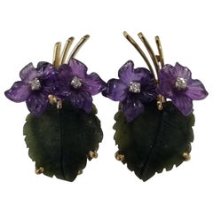 Midcentury Vintage Brooch Carved Amethyst and Nephrite Earrings