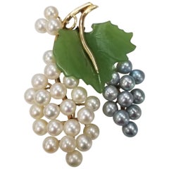 Midcentury Vintage Brooch Features Carved Nephrite and Pearls in a 14 Karat Gold
