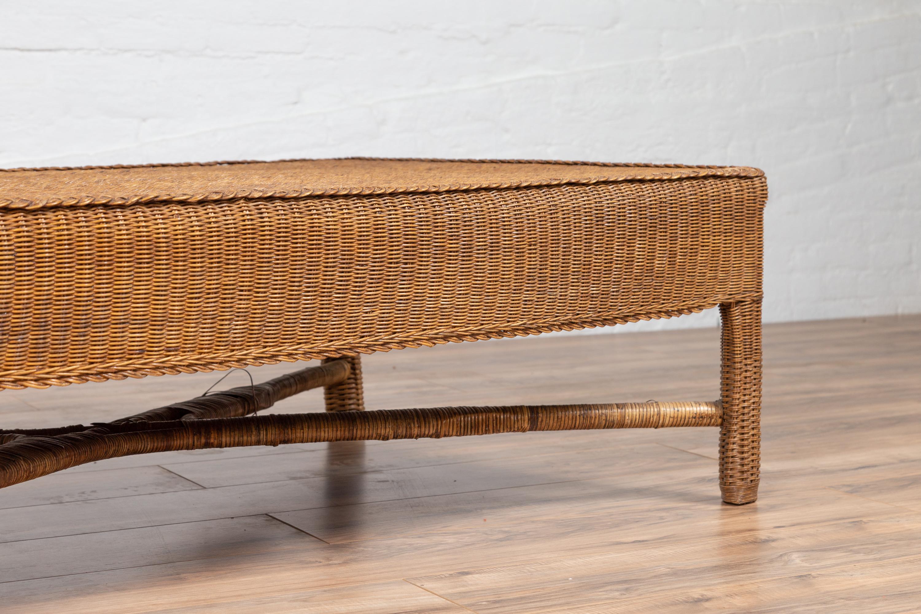 Midcentury Vintage Burmese Rattan Coffee Table with X-Form Cross Stretcher For Sale 5