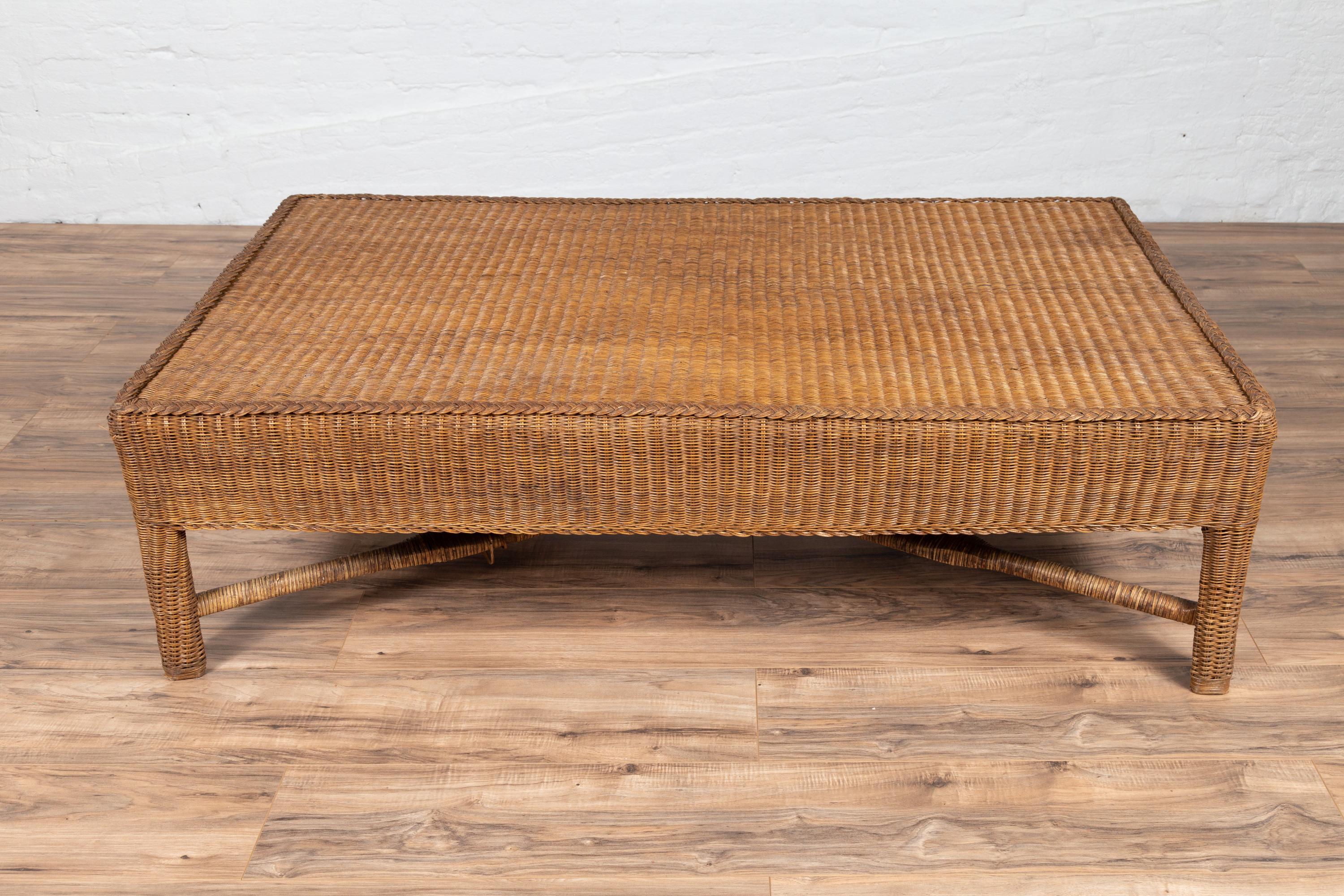 Midcentury Vintage Burmese Rattan Coffee Table with X-Form Cross Stretcher 4