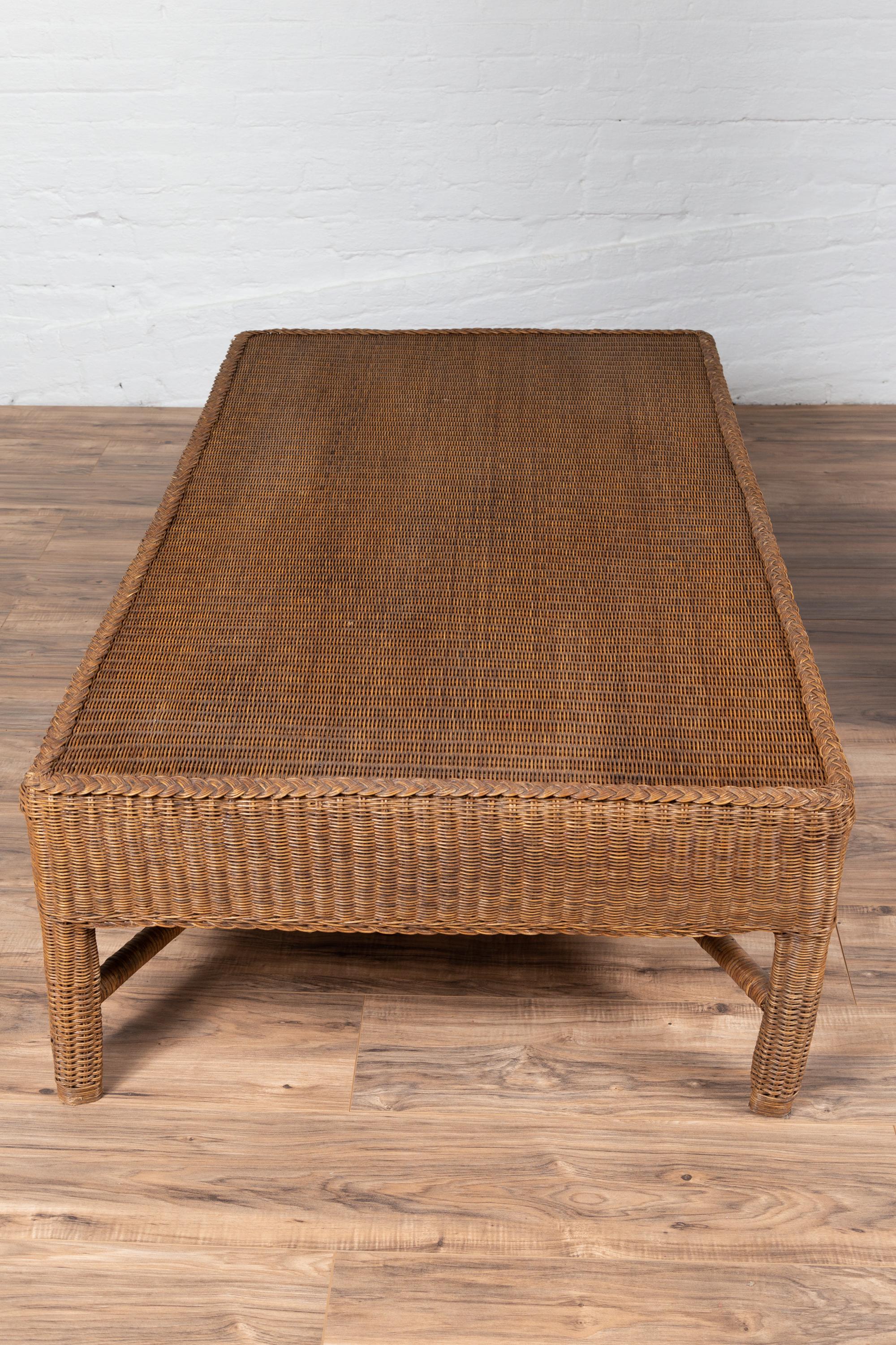 Midcentury Vintage Burmese Rattan Coffee Table with X-Form Cross Stretcher For Sale 6