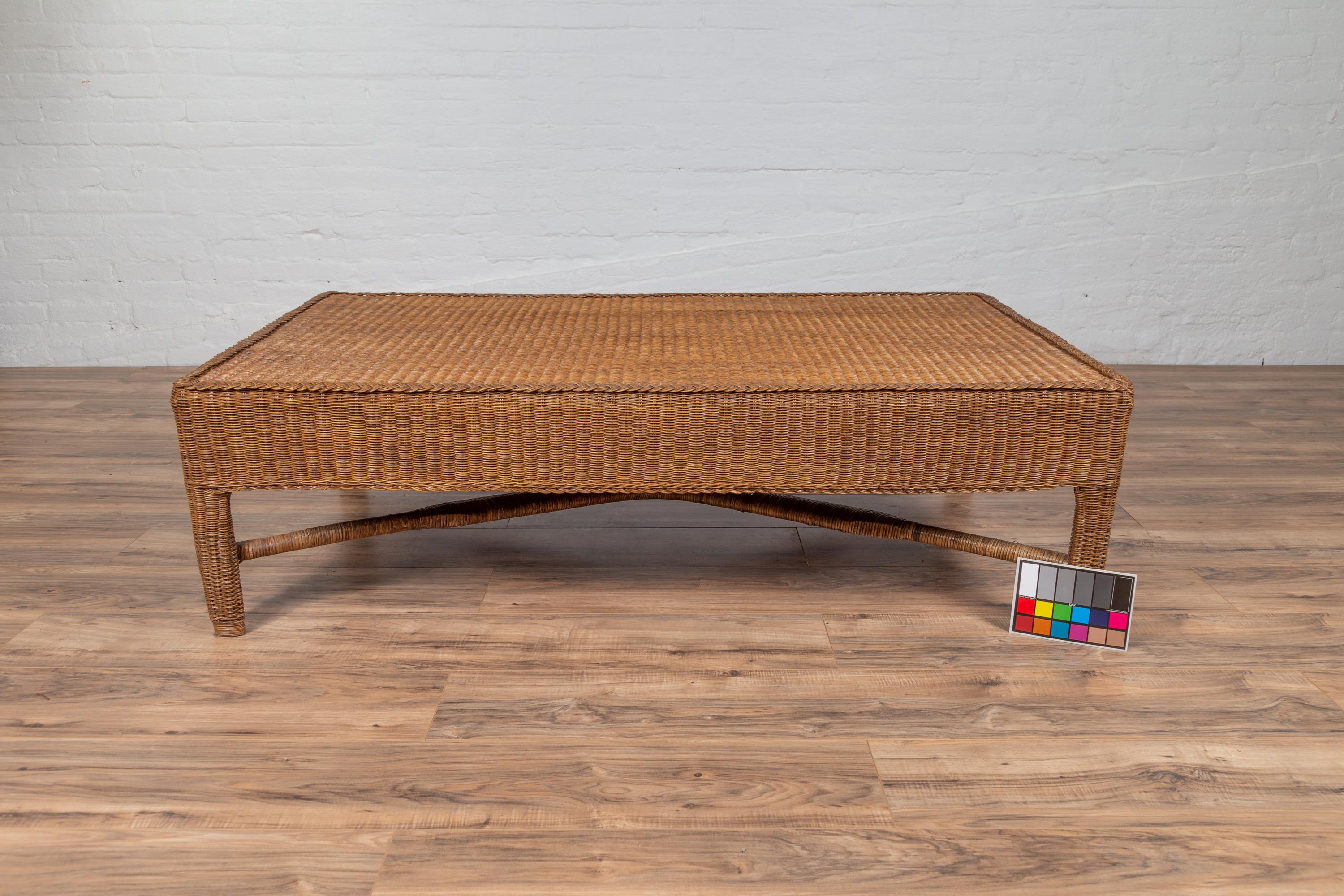 Midcentury Vintage Burmese Rattan Coffee Table with X-Form Cross Stretcher 8