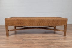 Midcentury Vintage Burmese Rattan Coffee Table with X-Form Cross Stretcher
