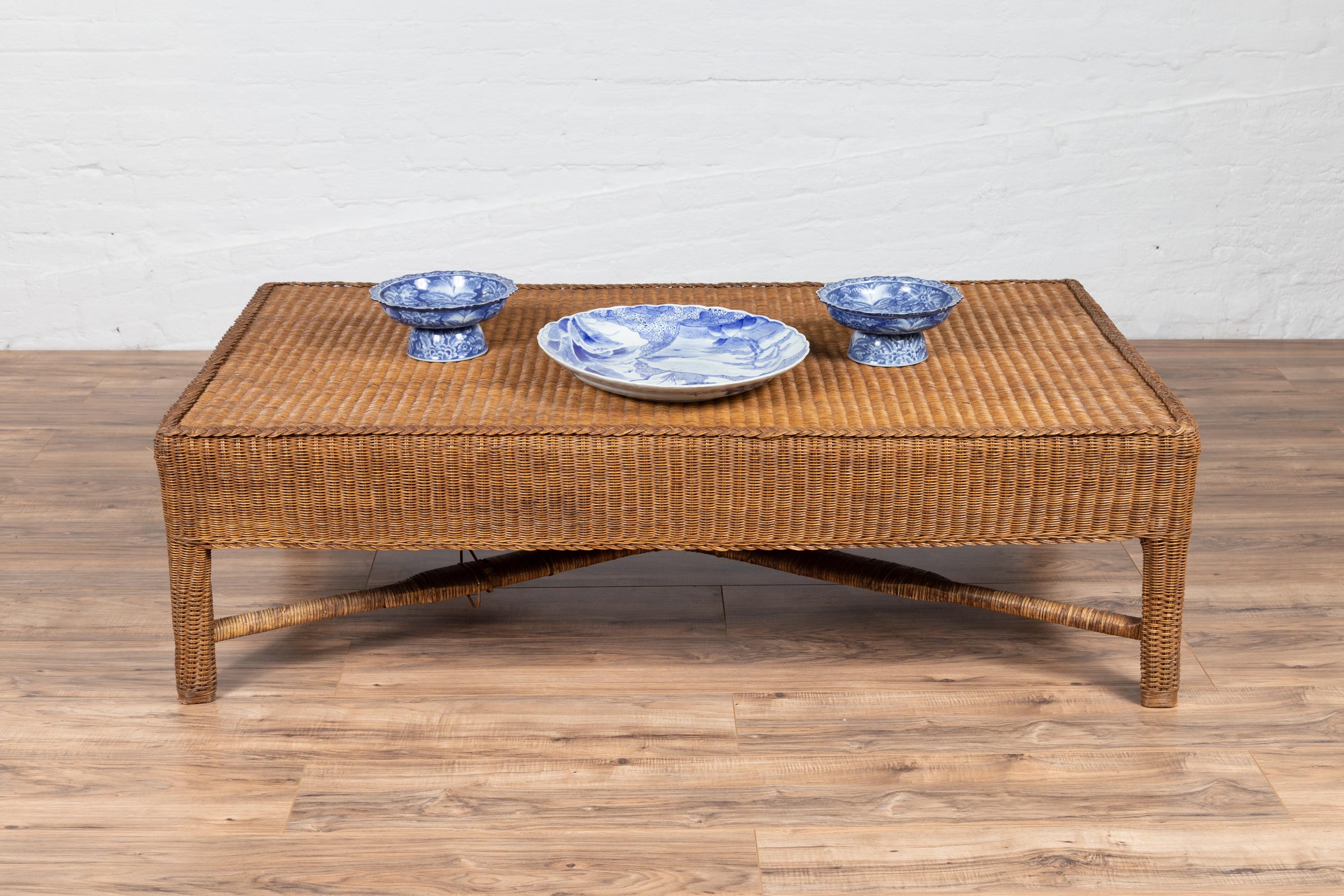 Mid-Century Modern Midcentury Vintage Burmese Rattan Coffee Table with X-Form Cross Stretcher For Sale