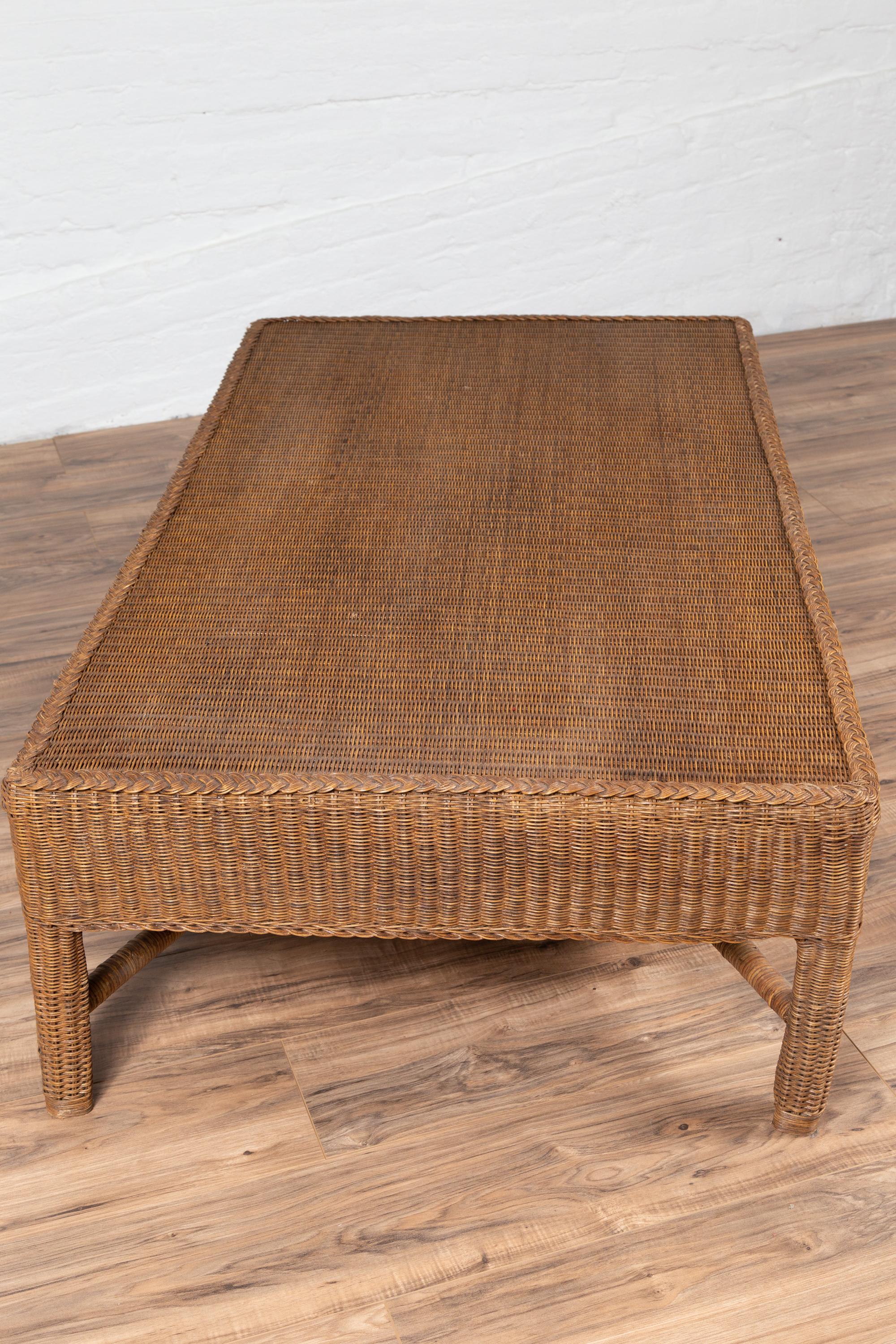 Midcentury Vintage Burmese Rattan Coffee Table with X-Form Cross Stretcher In Good Condition For Sale In Yonkers, NY
