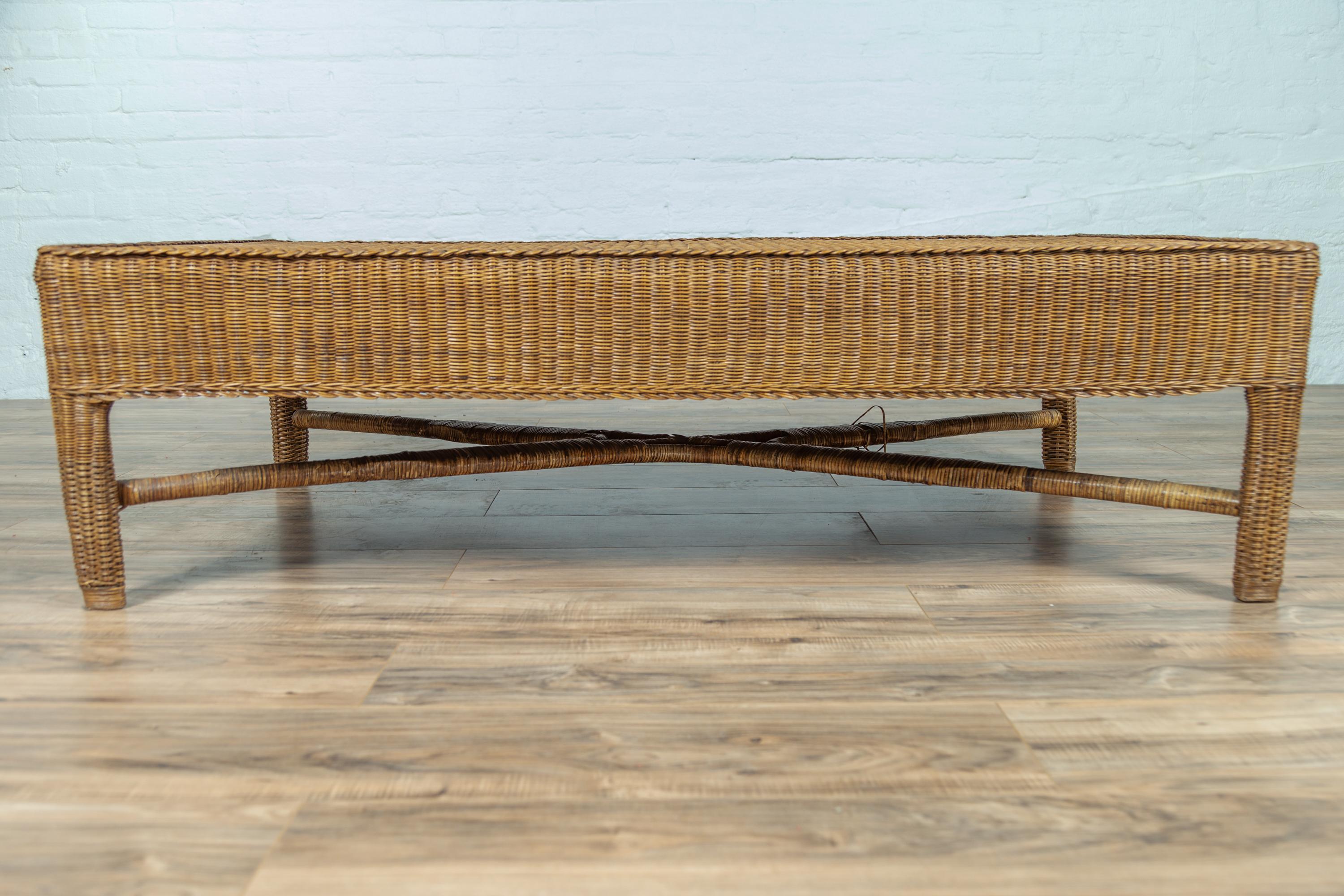 Midcentury Vintage Burmese Rattan Coffee Table with X-Form Cross Stretcher In Good Condition In Yonkers, NY