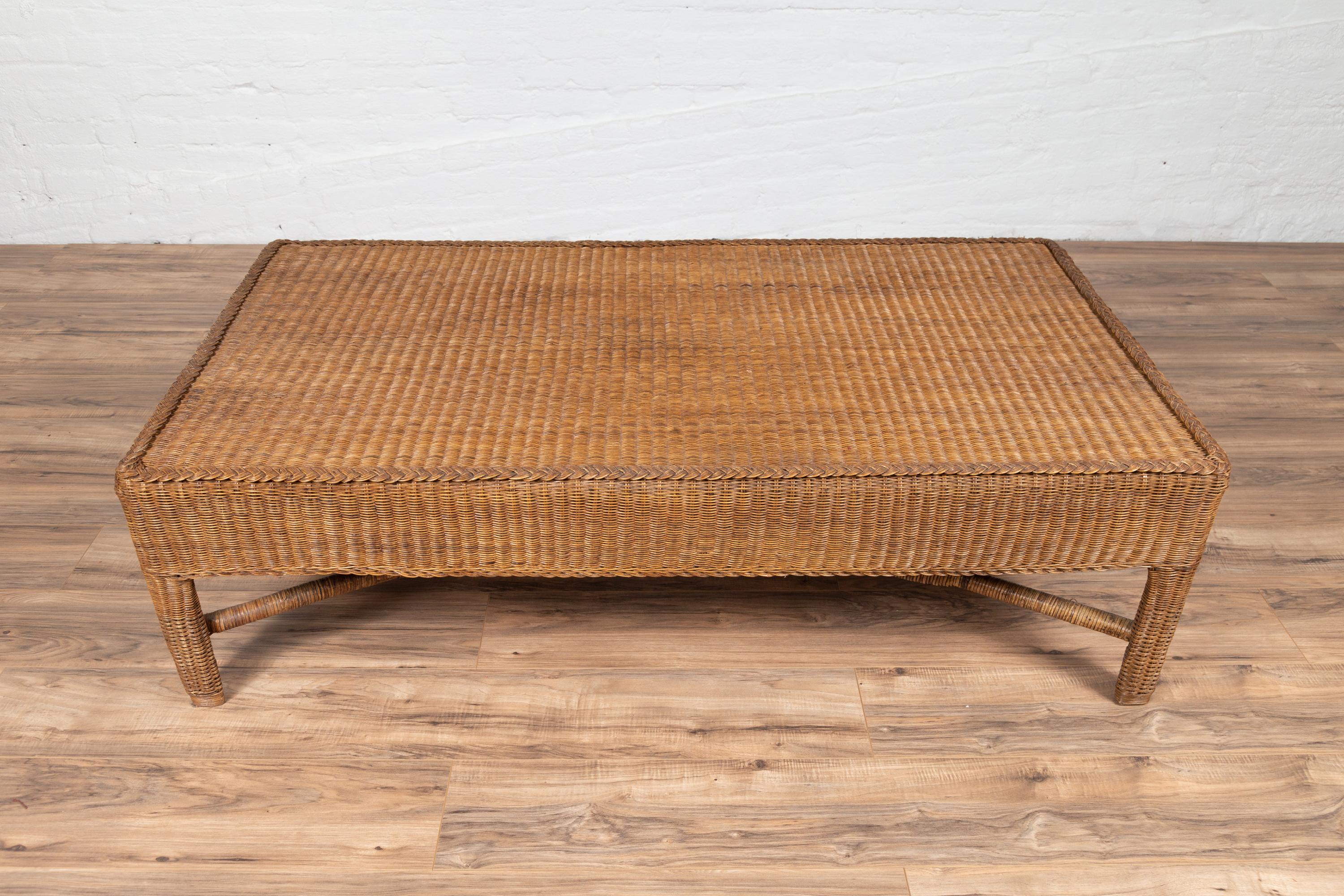 Midcentury Vintage Burmese Rattan Coffee Table with X-Form Cross Stretcher For Sale 2