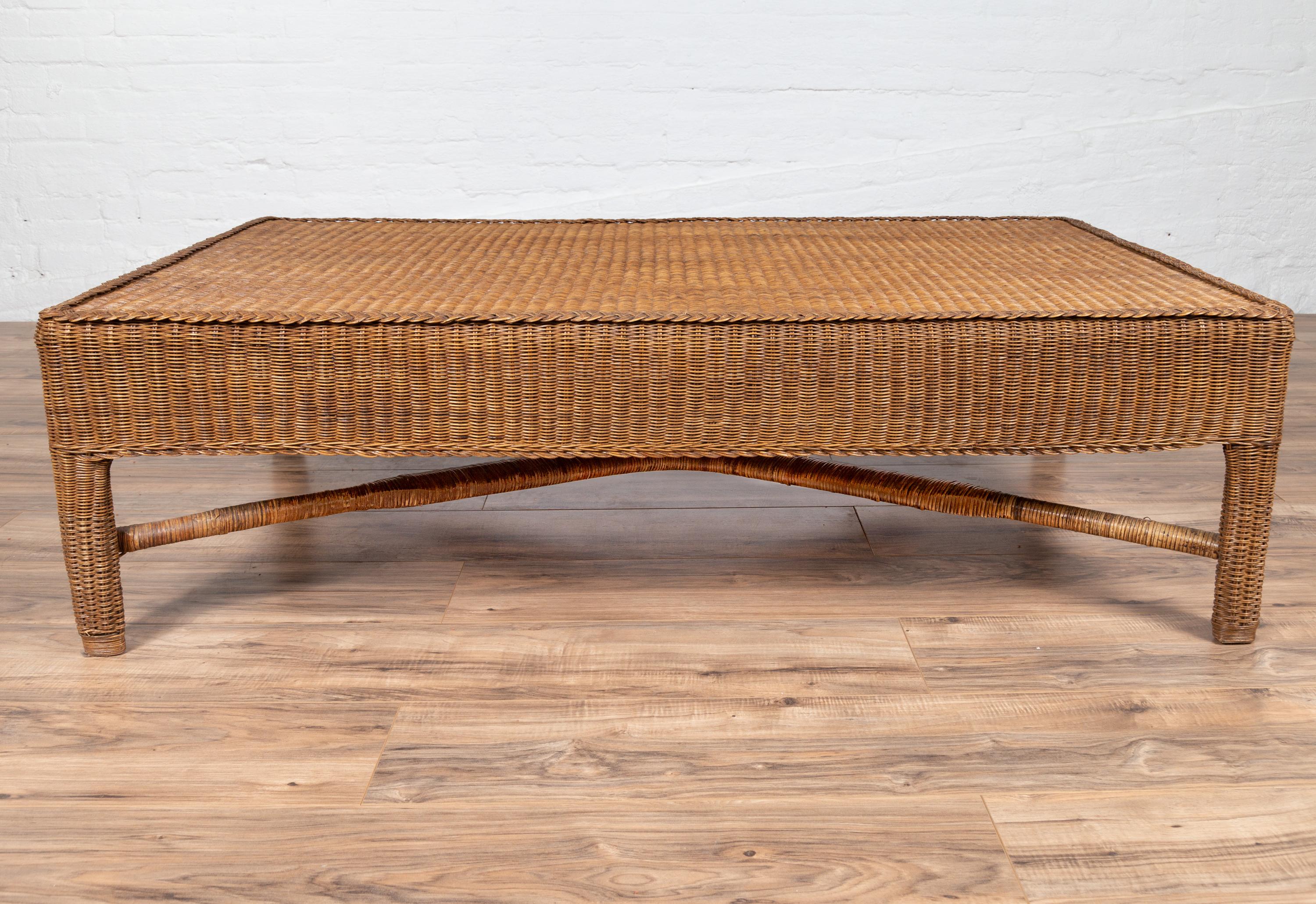 Midcentury Vintage Burmese Rattan Coffee Table with X-Form Cross Stretcher For Sale 3