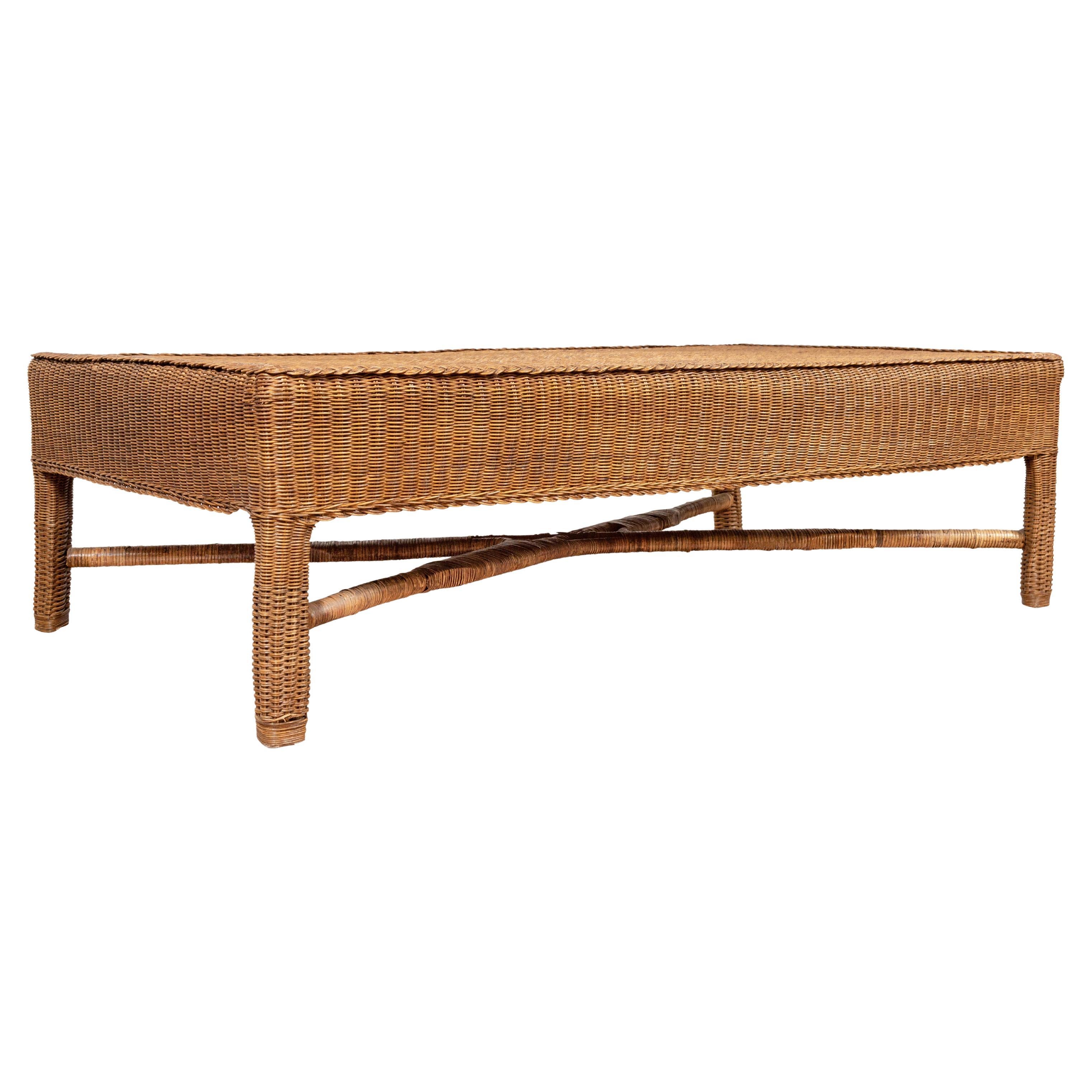 Midcentury Vintage Burmese Rattan Coffee Table with X-Form Cross Stretcher For Sale
