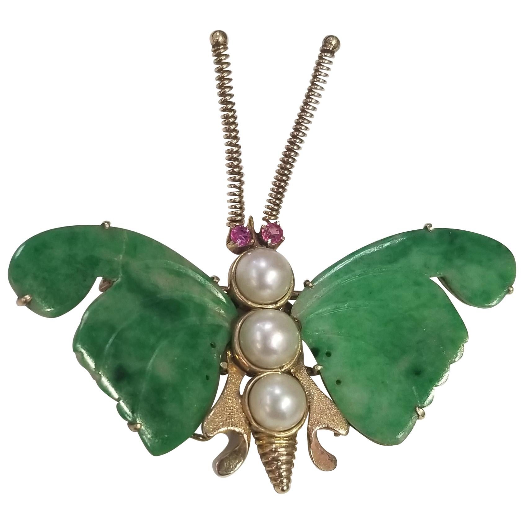 Midcentury Vintage "Butterfly" Brooch Carved Jade and 3 Cultured Pearls 14 Karat