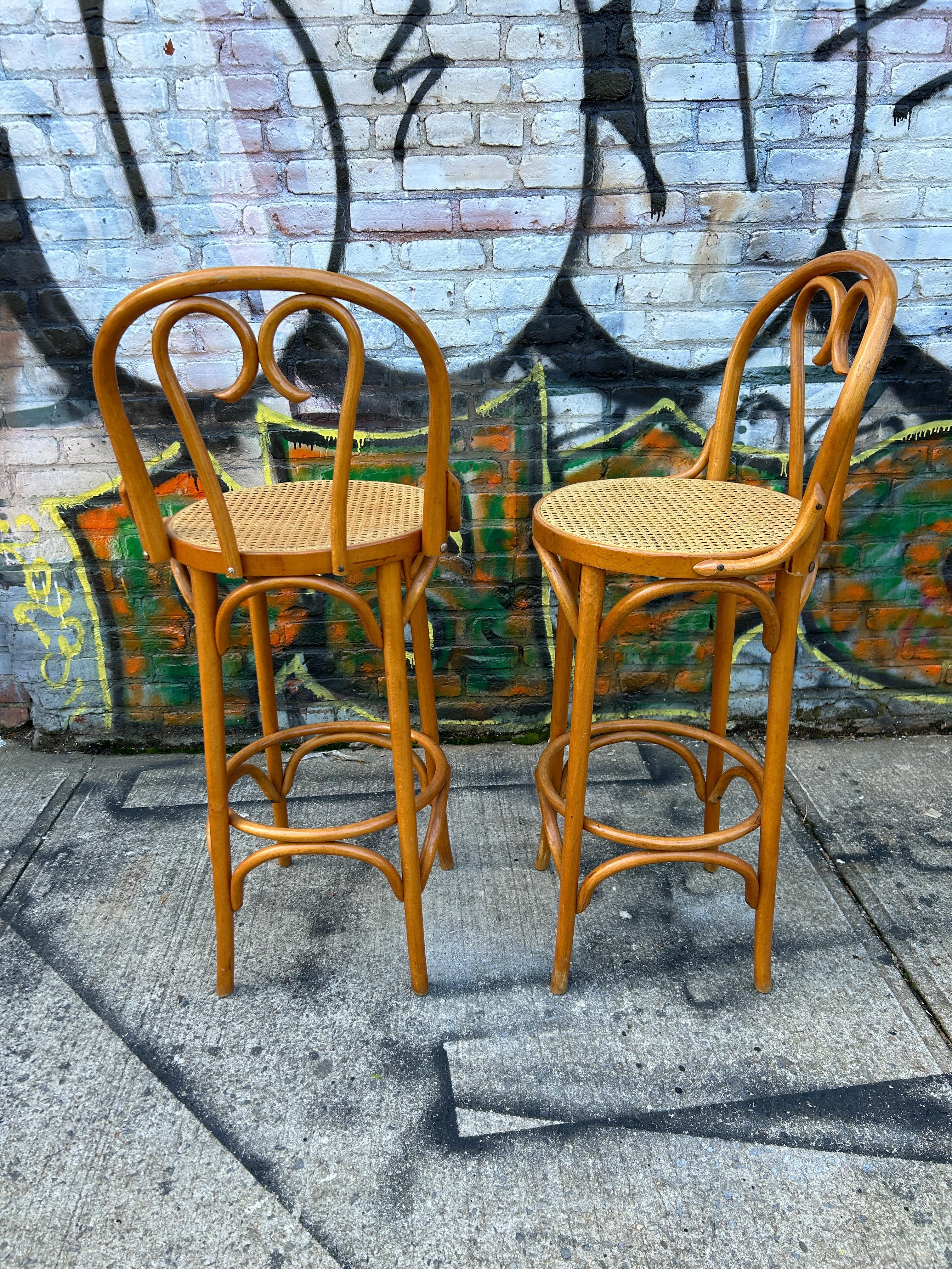 Woodwork Midcentury Vintage Cane Round Bar Height Stools by Thonet