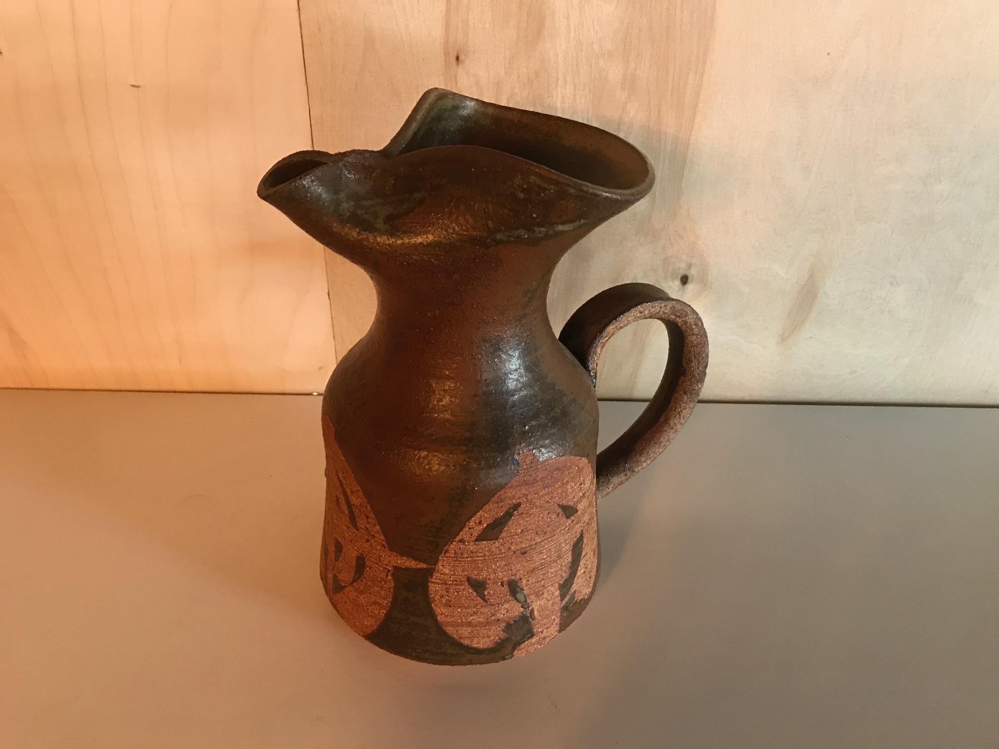 Midcentury Vintage Ceramic Pitcher Pottery Art Organic Design In Excellent Condition For Sale In Salt Lake City, UT