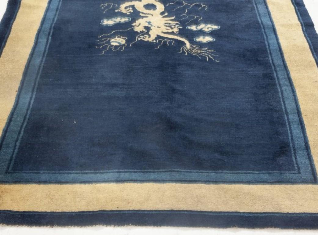 Hand-Knotted Midcentury Vintage Chinese Hand Knotted Wool Rug in Beige and Navy Blue