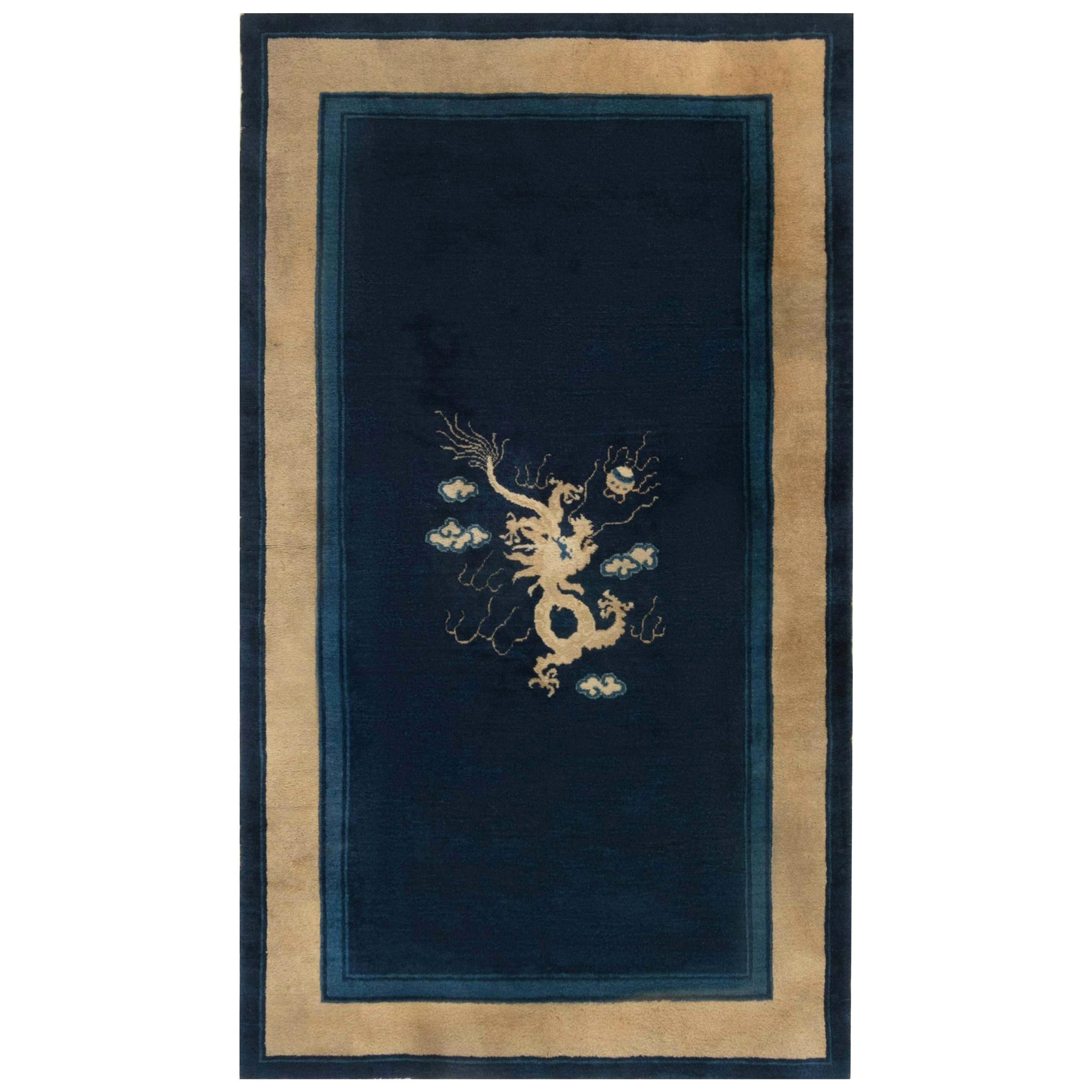Midcentury Vintage Chinese Hand Knotted Wool Rug in Beige and Navy Blue