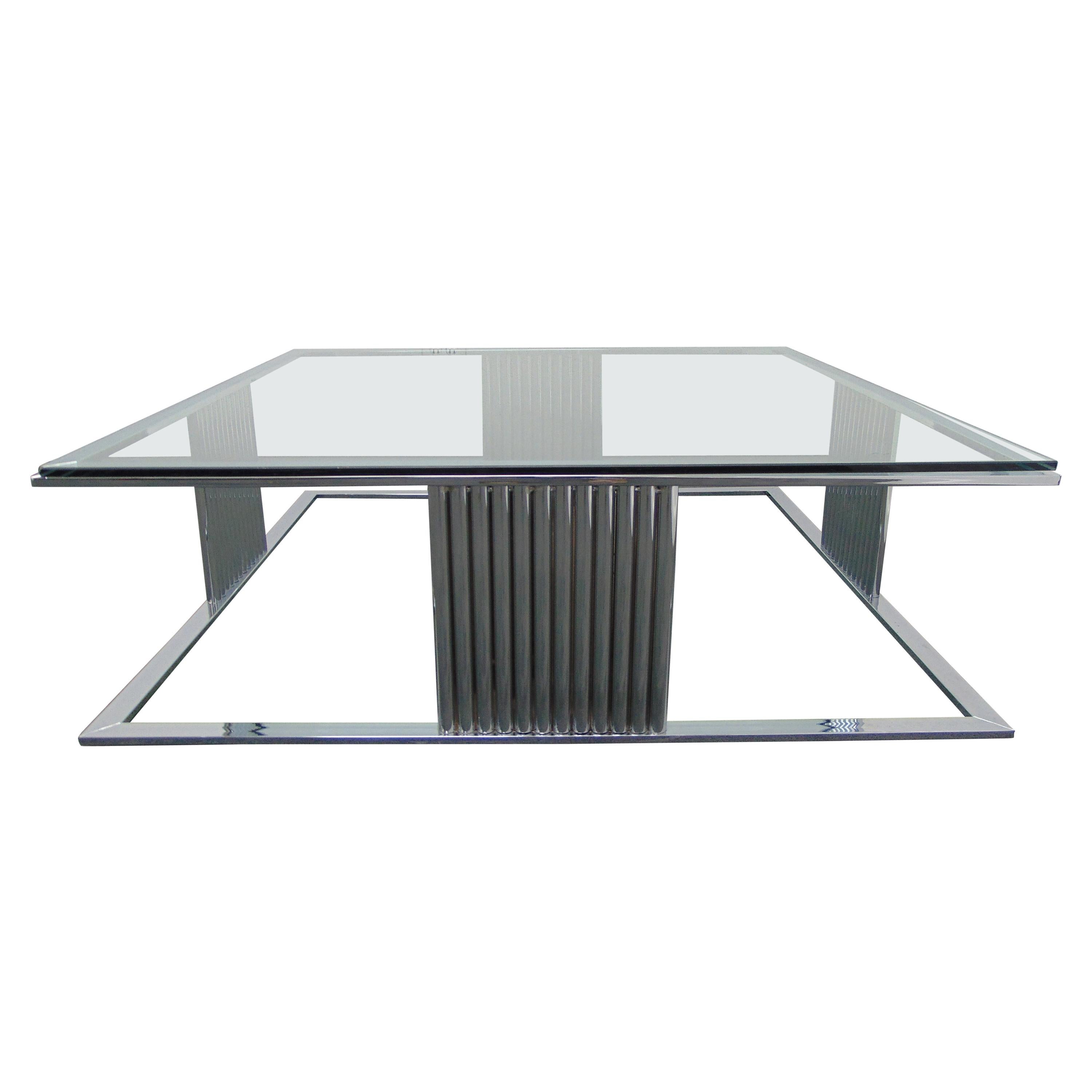Midcentury Vintage Chrome and Glass Large Square Coffee Table For Sale