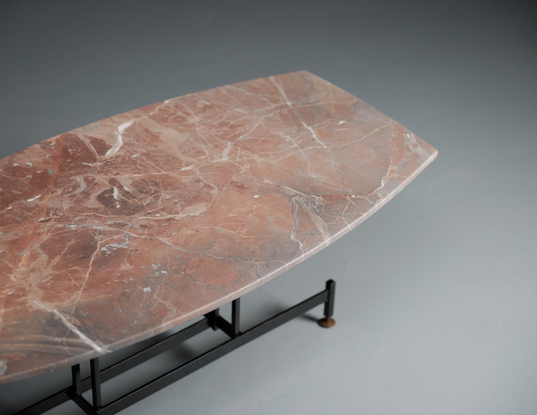 Mid-20th Century Midcentury Vintage Coffee Table with Reddish-Gray Marble Top and Geometric Iron  For Sale