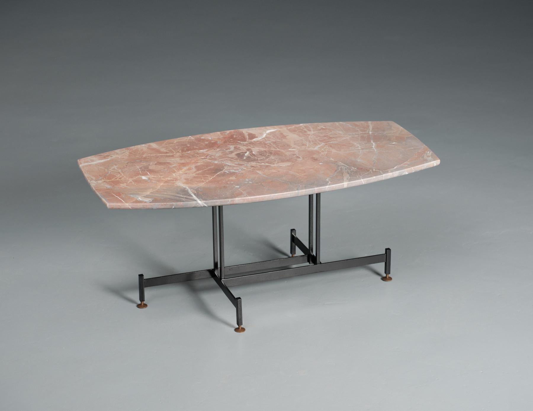 Brass Midcentury Vintage Coffee Table with Reddish-Gray Marble Top and Geometric Iron  For Sale