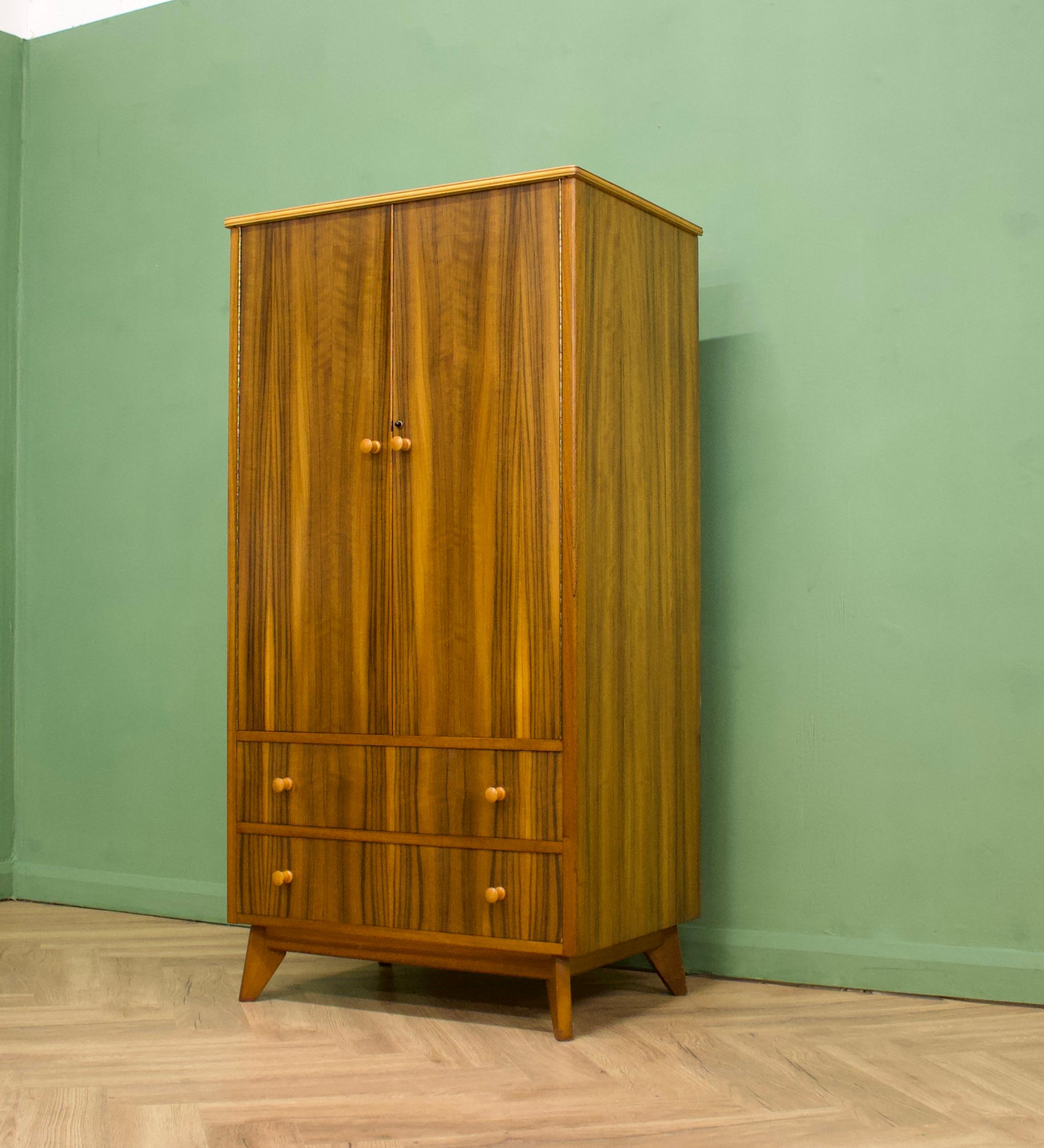 British Midcentury Vintage Compact Walnut Wardrobe from Morris of Glasgow, 1950s For Sale