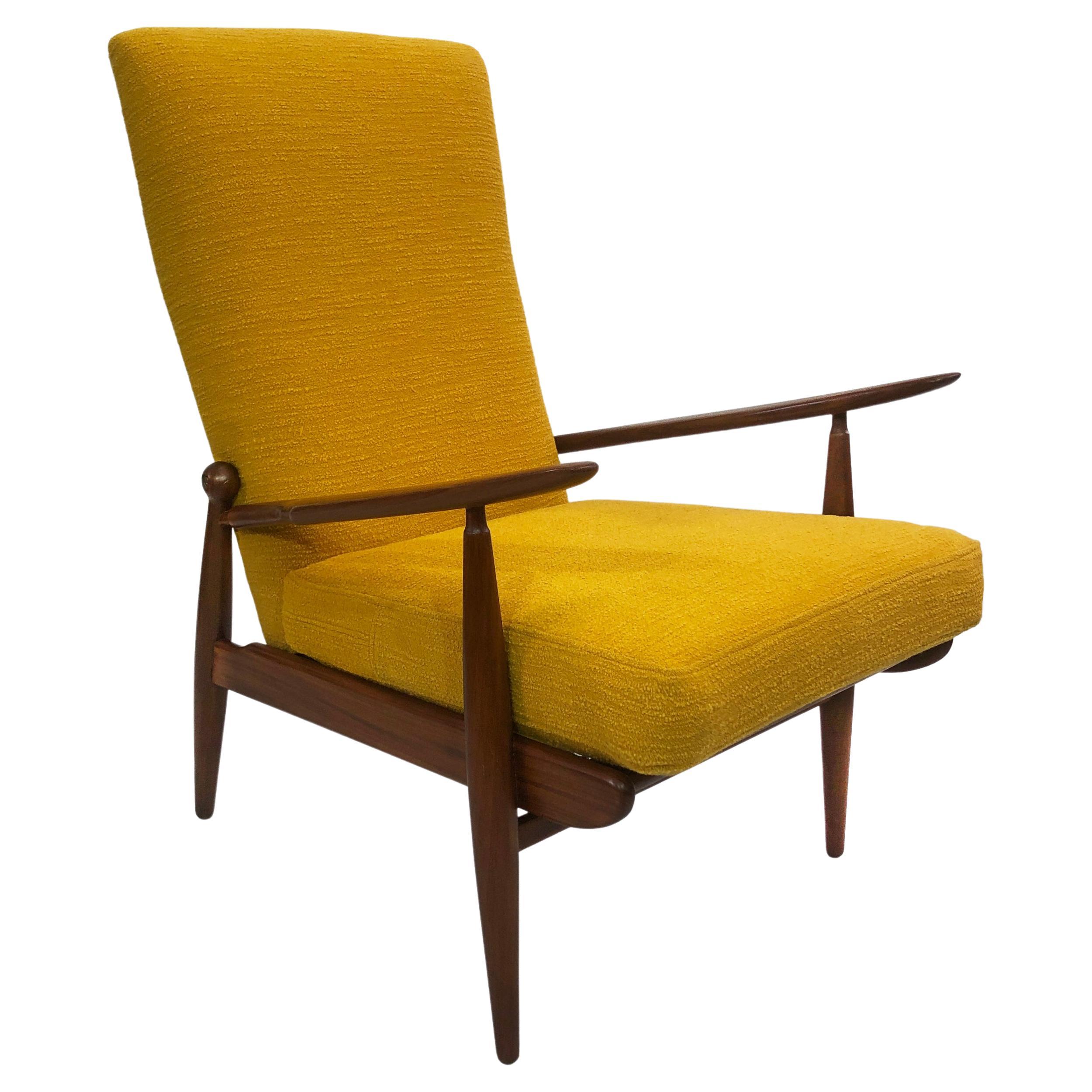 Midcentury Vintage Danish High Back Yellow Bouclé Armchair Lounge, 1960s For Sale