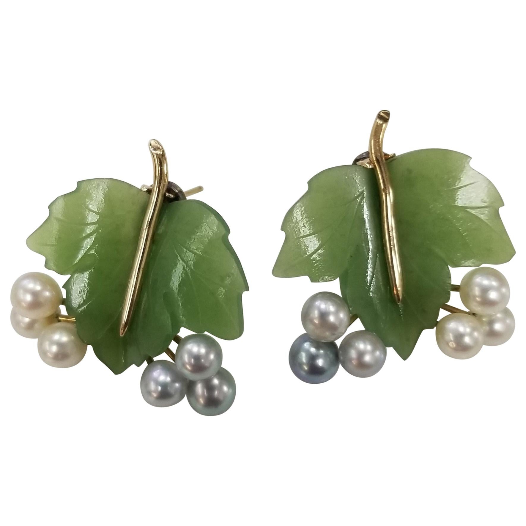 Midcentury Vintage Earrings Features Carved Nephrite and Pearls in a 14k Gold For Sale