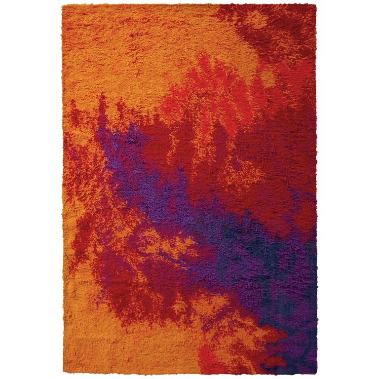 Midcentury Vintage Rug AllOver Orange Red Purple Wool Shag Pile by Rug