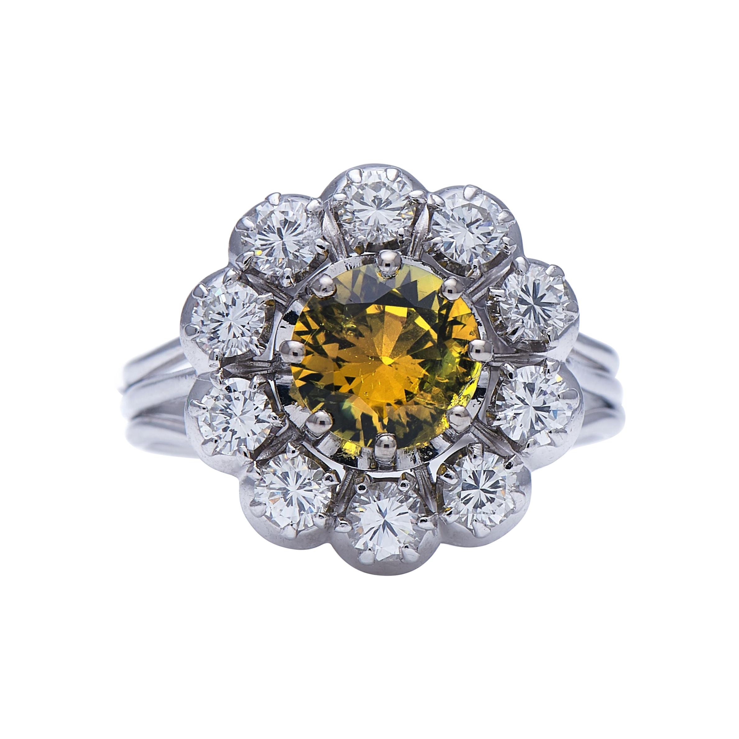 Midcentury, Vintage, French, Platinum, Chrysoberyl and Diamond Cluster Ring For Sale