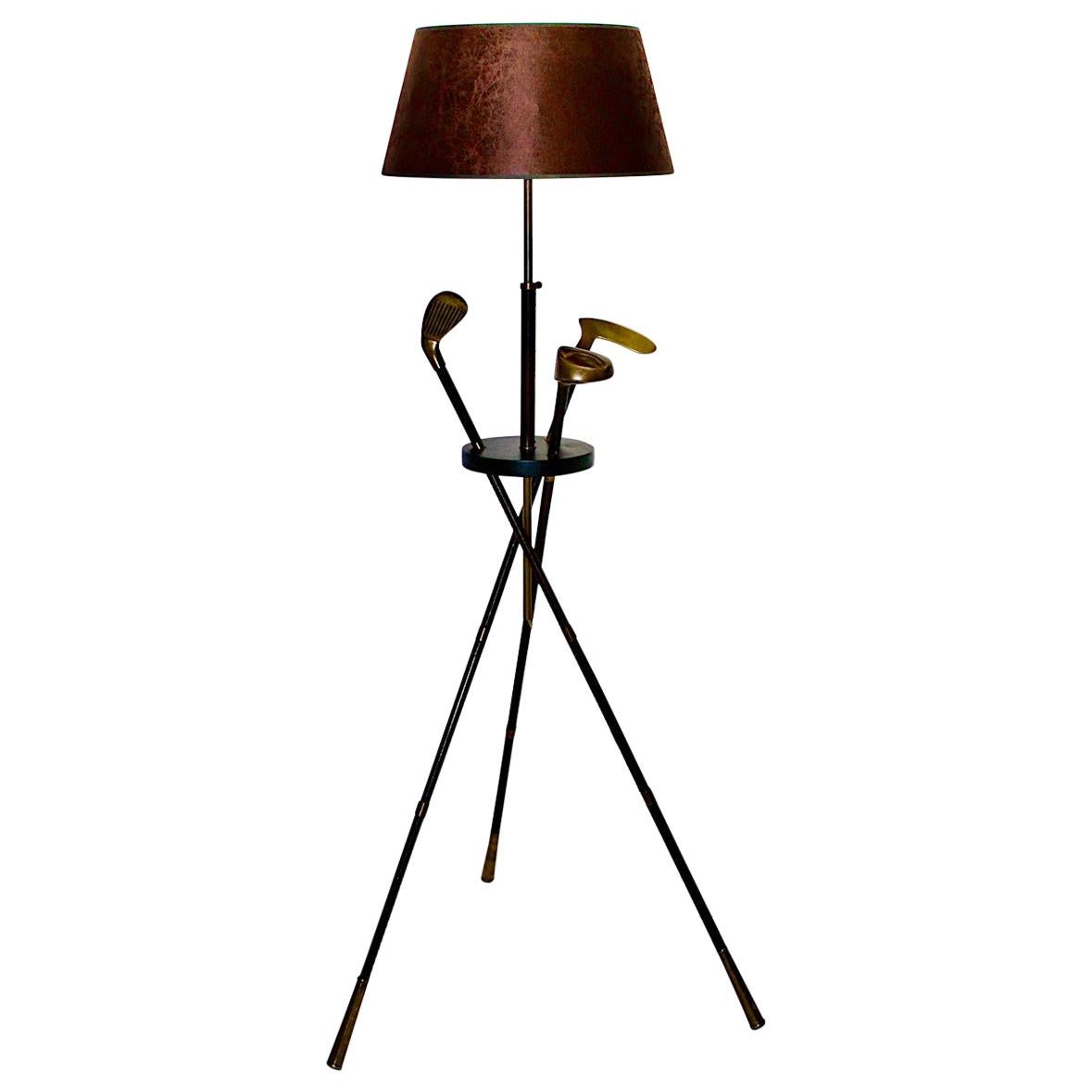 Midcentury Vintage Golf Club Leather Brass Floor Lamp Jacques Adnet Attributed For Sale