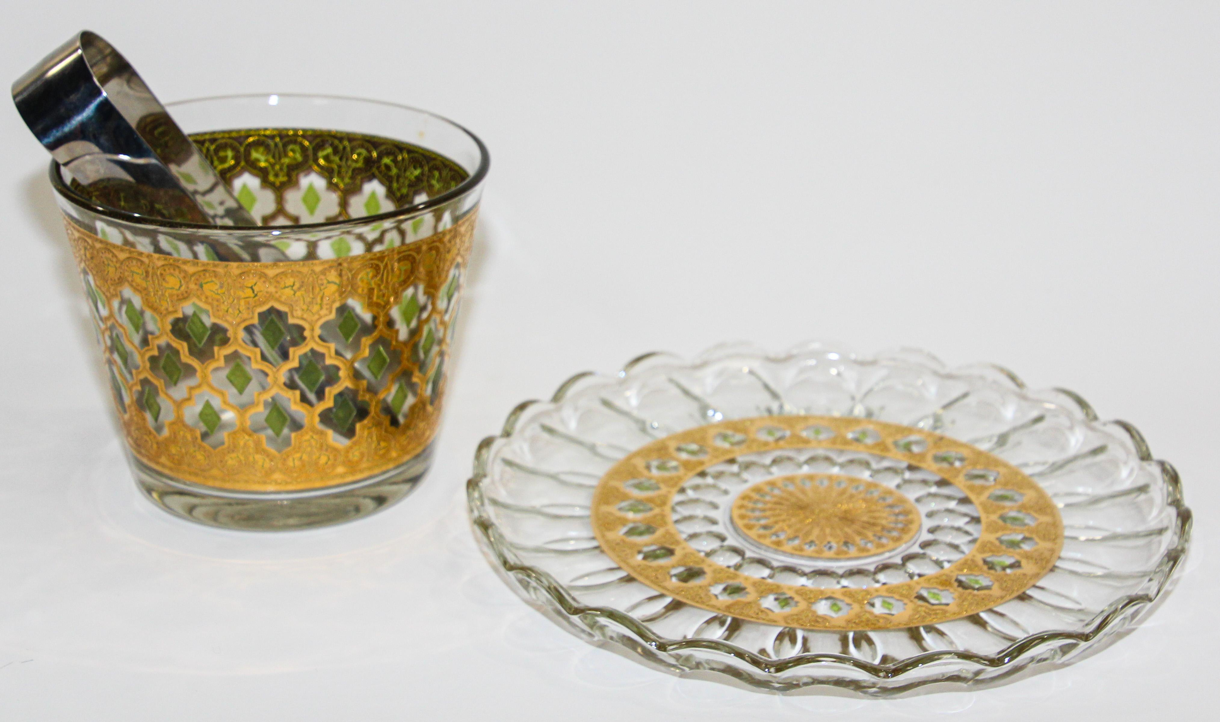 Exquisite vintage mid-century 22-karat gold leaf ice bucket and plate by Culver, 1960s
Valencia Moorish designs.
Highly ornate 22-karat gold textured filigree design with raised green diamond accents.
These all must be hand washed with a mild