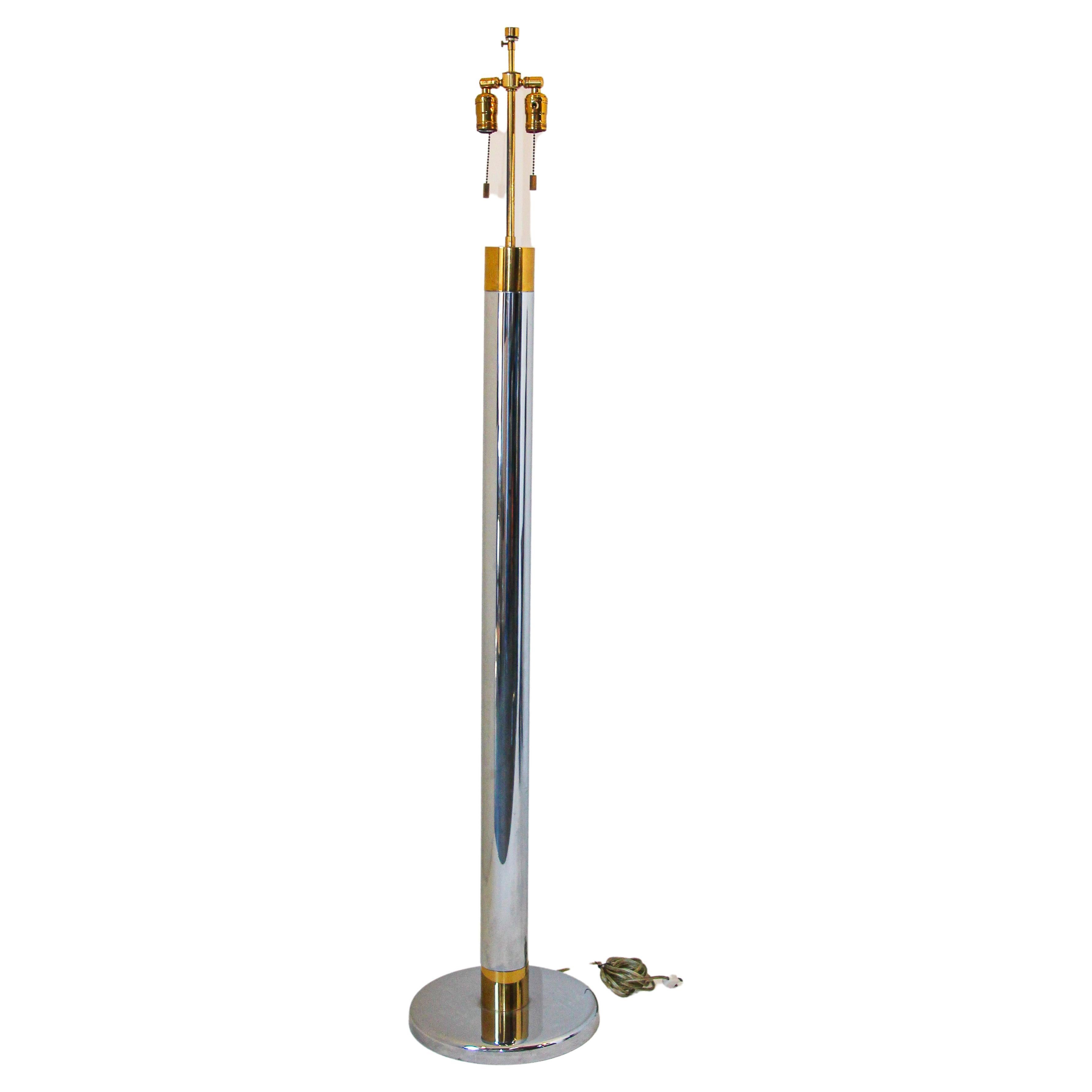 Midcentury Vintage Italian Bicolor Chrome and Brass 1970s Tall Floor Lamp For Sale