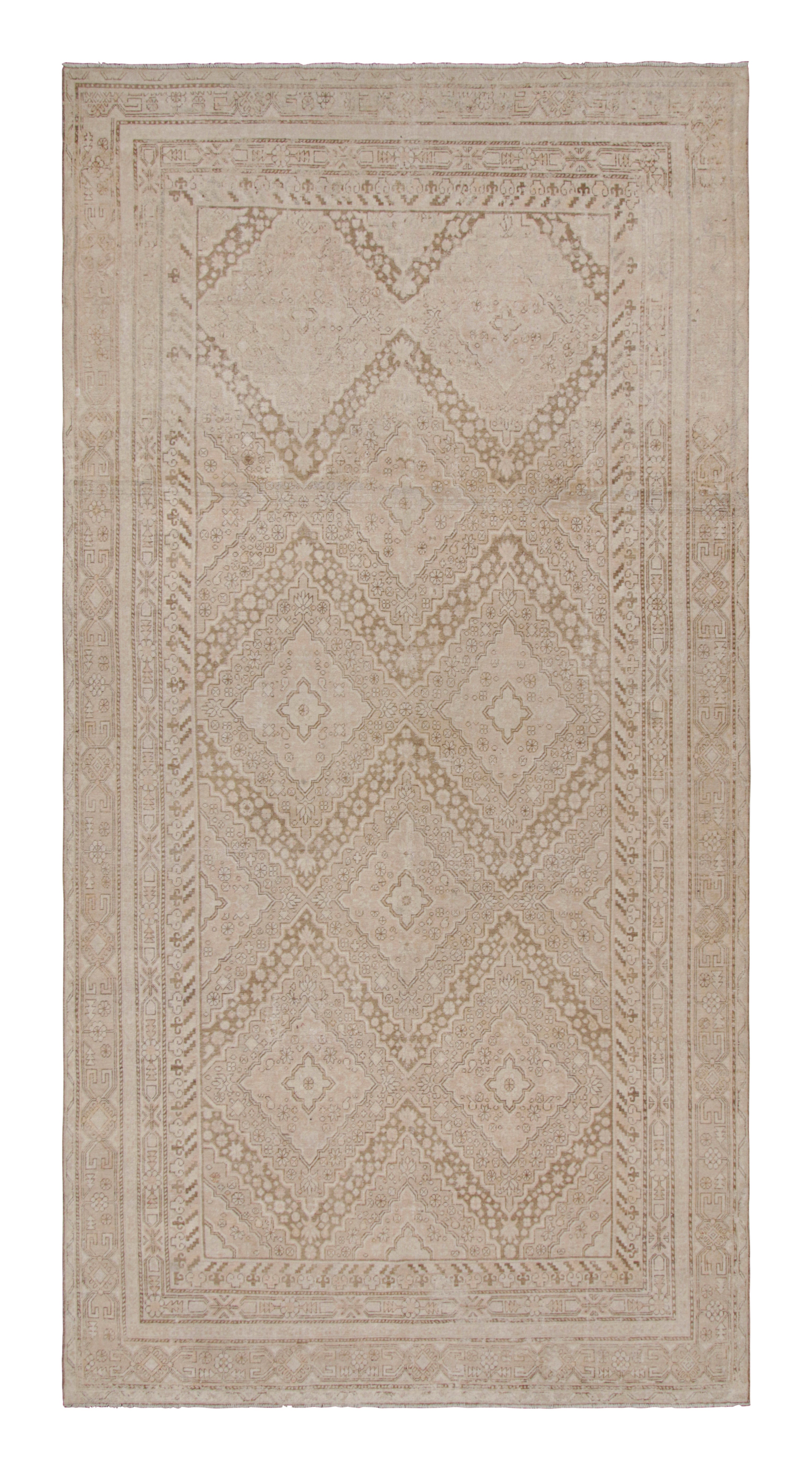 Midcentury Vintage Khotan Transitional Beige and Black Wool Rug