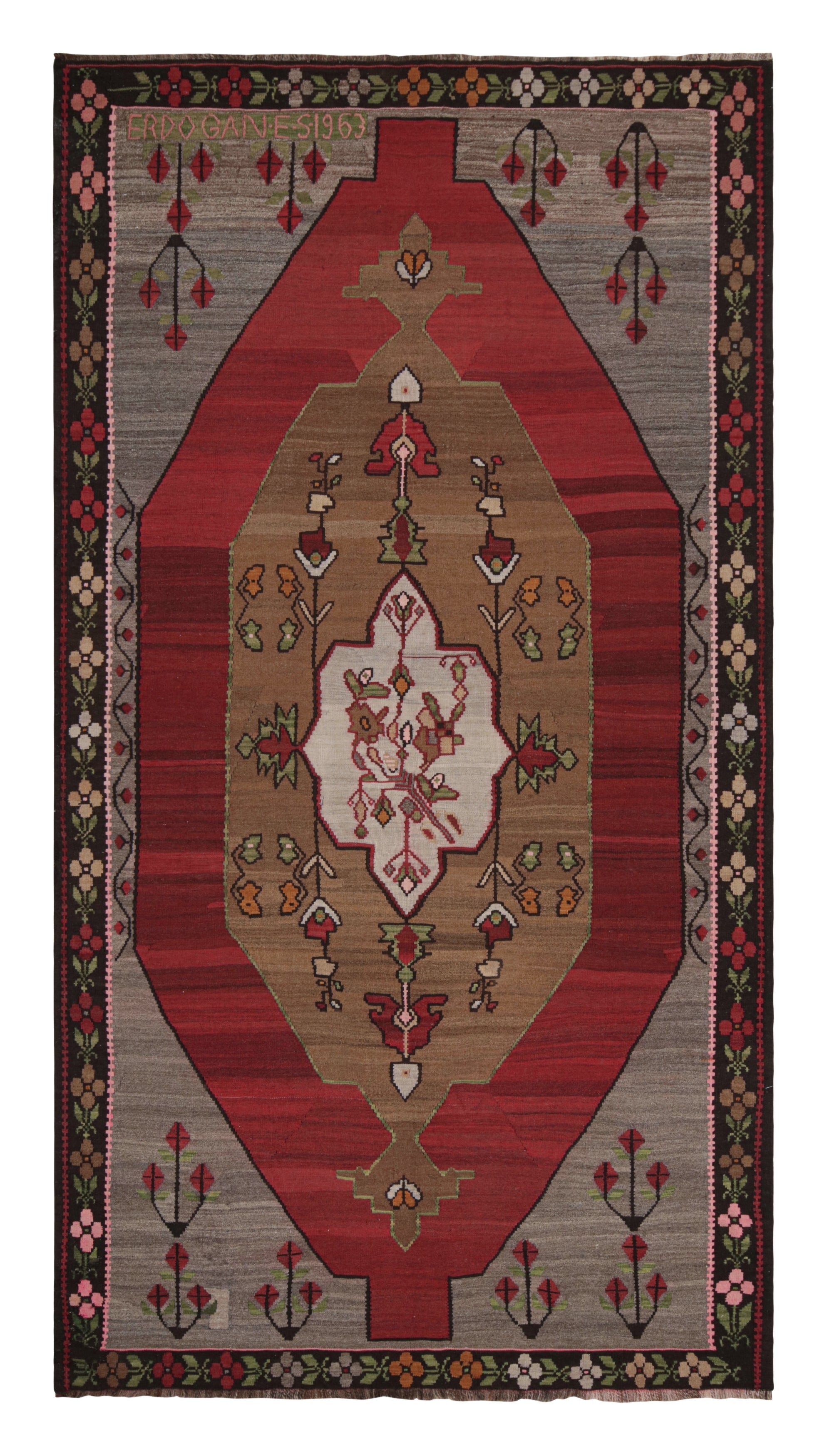 Midcentury Vintage Kilim Red Gray Medallion Floral Rug by Rug & Kilim For Sale