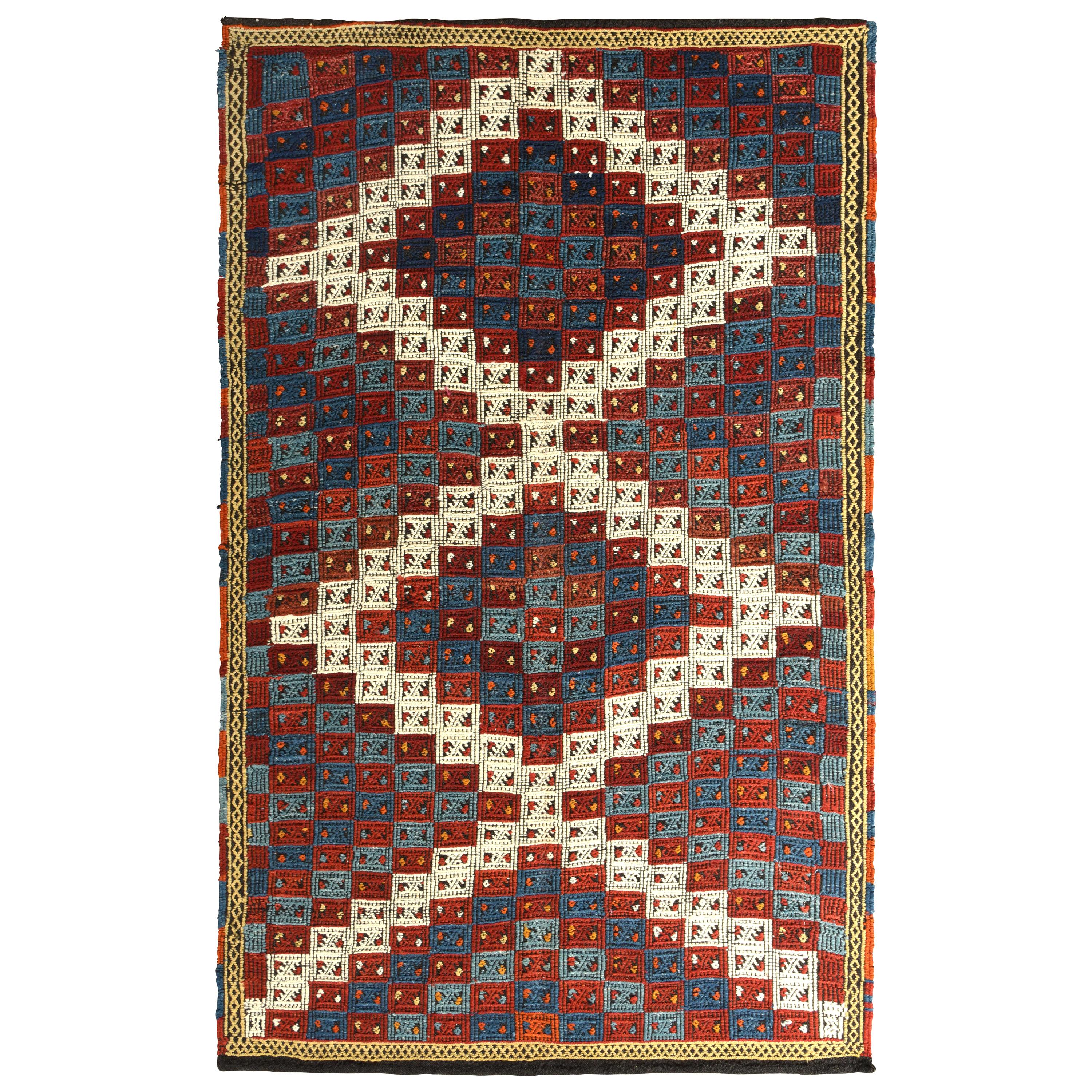 Midcentury Vintage Red in Blue White Geometric All-Over Pattern by Rug & Kilim