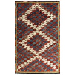 Midcentury Vintage Kilim Red in Red Blue and White Geometric All-Over Pattern