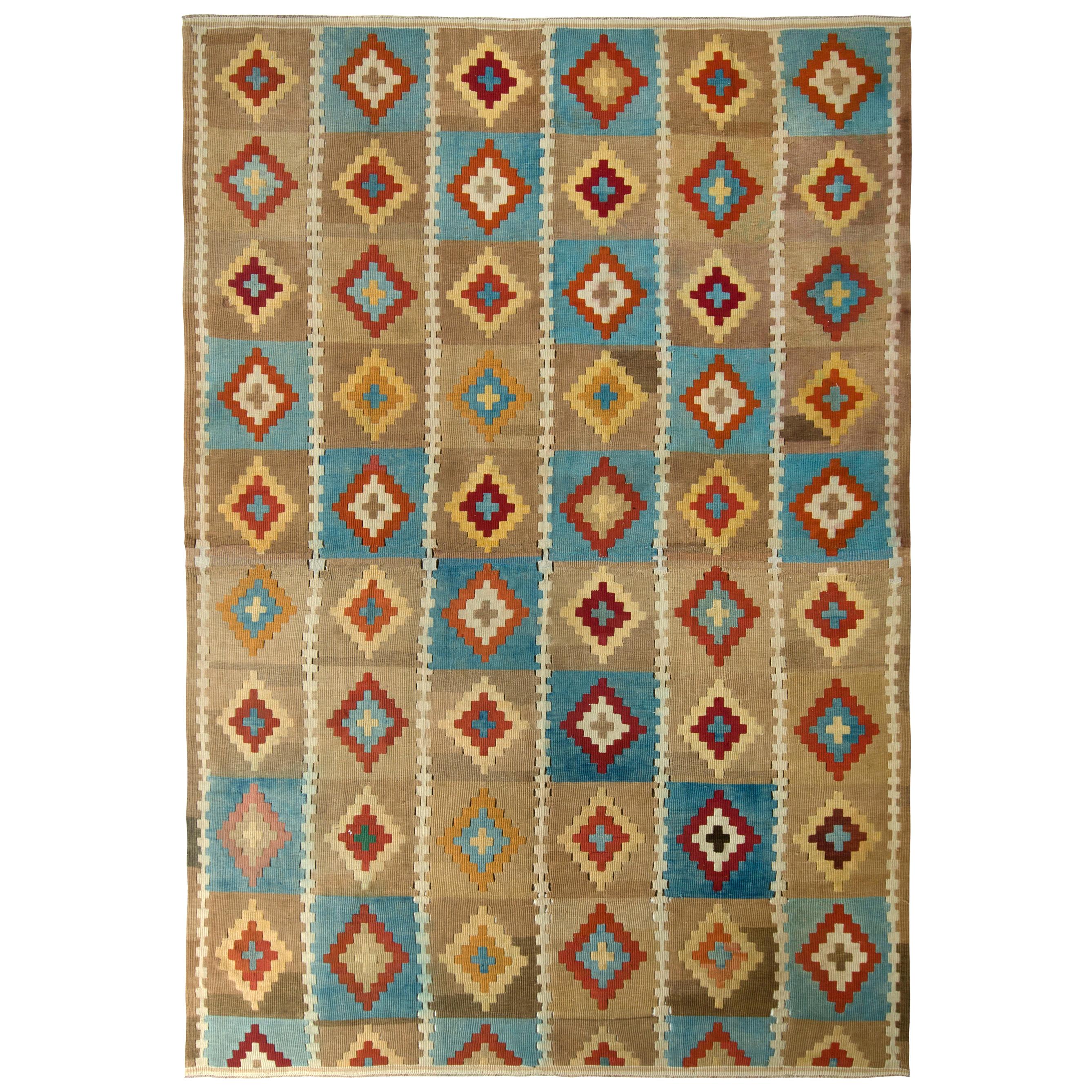 Midcentury Vintage Kilim Rug Beige Brown and Blue All-Over Diamond Pattern