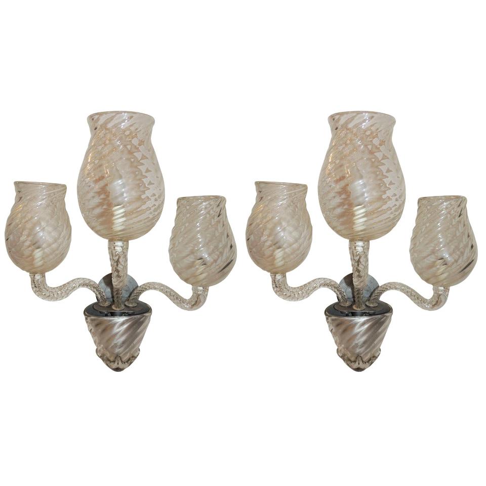 Midcentury Vintage Murano Art Glass Modern Transitional Large Wall Sconces, Pair For Sale