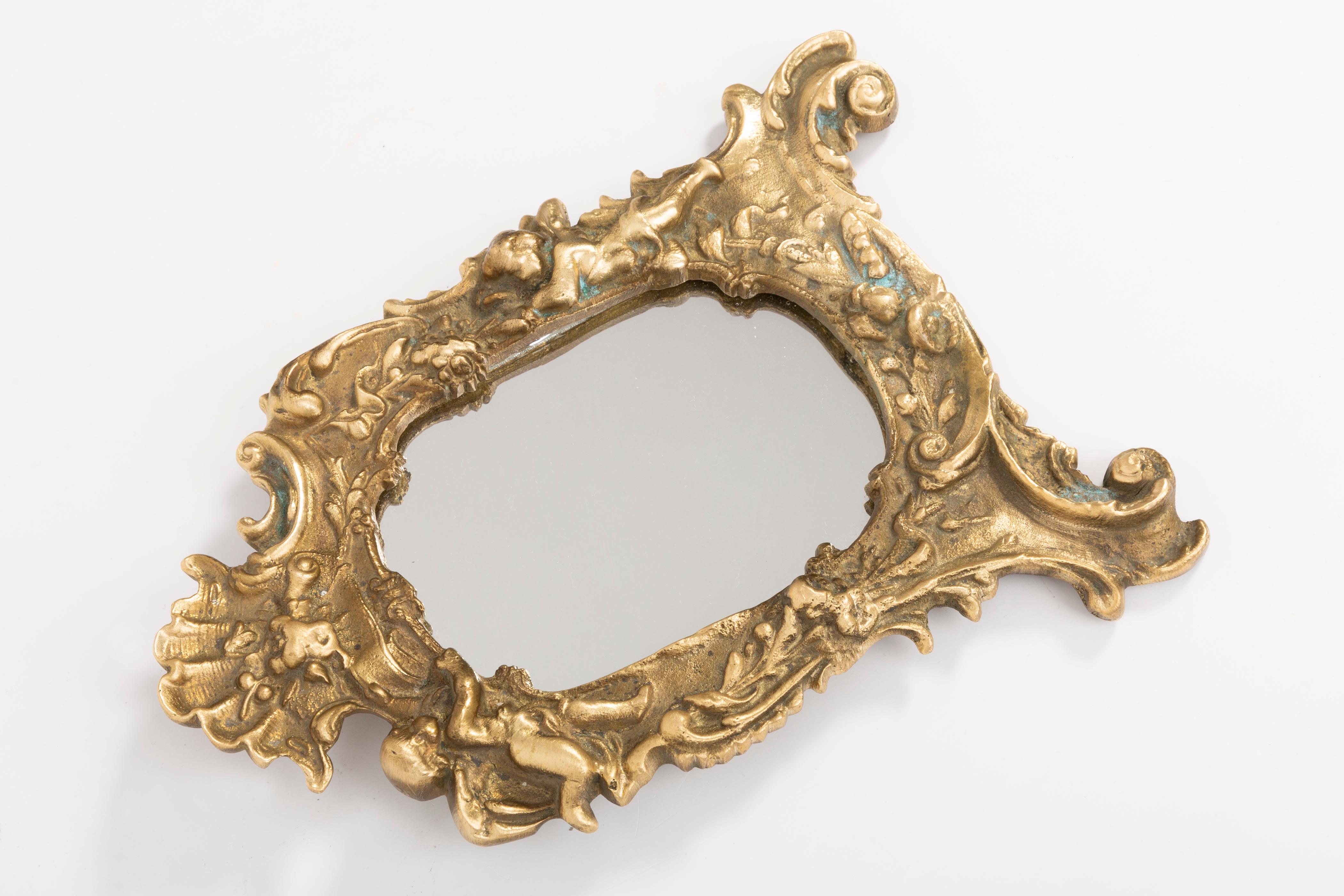 Mid-Century Modern Midcentury Vintage Old Gold Mini Mirror with Angels, Italy, 1960s For Sale