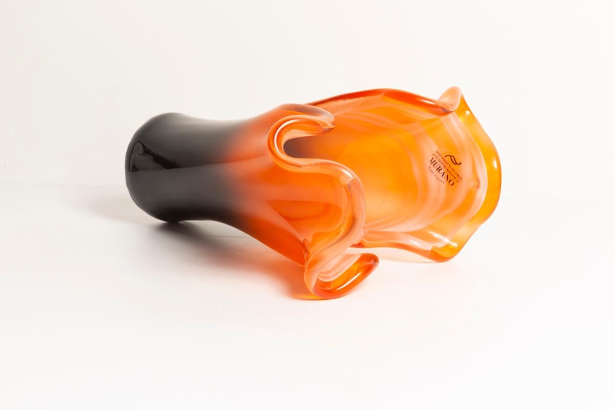Midcentury Vintage Orange and Black Murano Glass Vase, Italy, 2000s For Sale 6