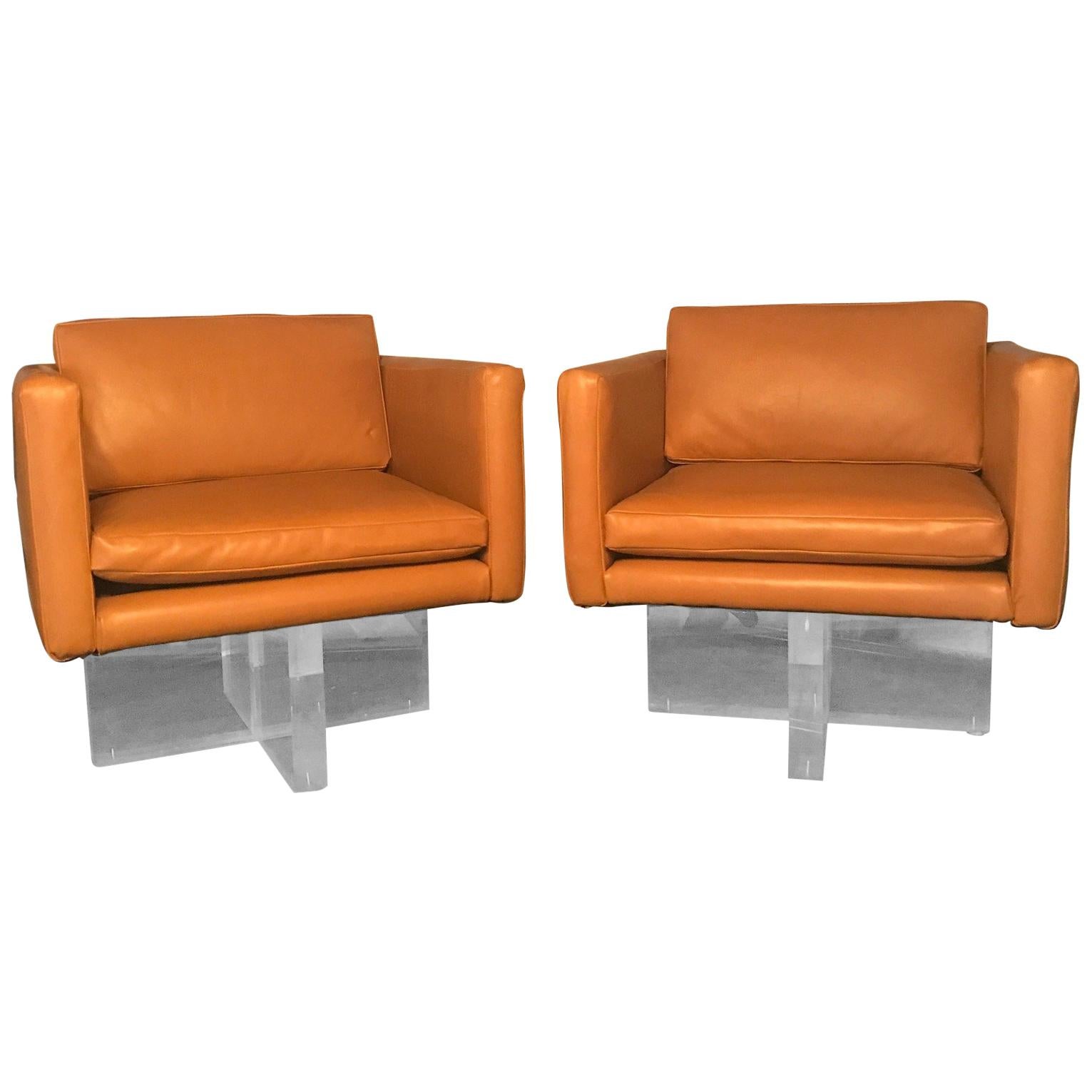 Midcentury Vintage Pair of Leather and Lucite Club Chairs For Sale