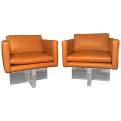 Midcentury Vintage Pair of Leather and Lucite Club Chairs