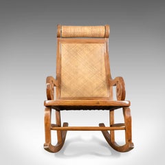 Midcentury Vintage Rocking Chair, Hardwood, Rattan, Recliner, circa 1970