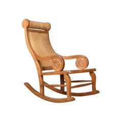 Midcentury Vintage Rocking Chair, Hardwood, Rattan, Recliner, circa 1970