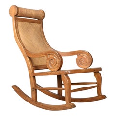 Midcentury Vintage Rocking Chair, Hardwood, Rattan, Recliner, circa 1970