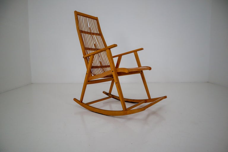 Midcentury Vintage Rocking Chair in Beechwood and Straw, Germany, 1960s ...